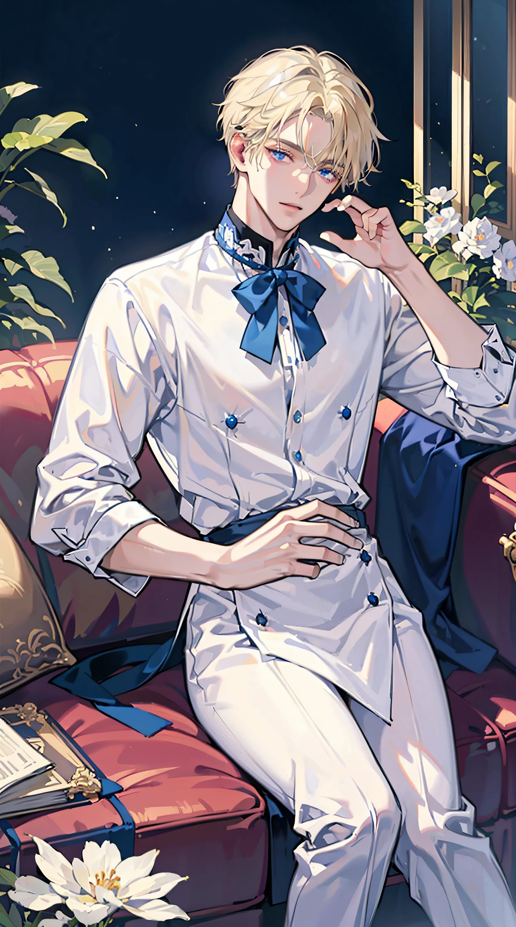 （Handsome man：1.4），wear white shirts，Short blonde hair，delicated face，White skin of the，Blue eyes,on a couch，Beautiful eyebrows，Tall and handsome man，8K High Resolution，Nobody threw away，Master Master Masterpiece - High Quality Images，delicated（full body Esbian：1.4）