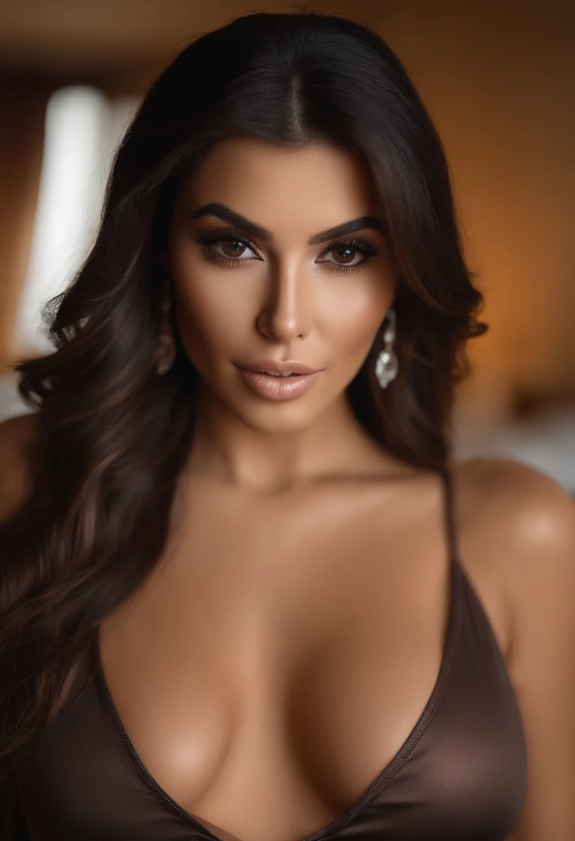 Mexican woman in sheer lingerie and thong, Sexy girl with brown eyes, Portrait of Kim Kardashian , brown hair and large eyes, selfie of a young woman, Eyes Bedroom , with makeup, a lot of makeup, looking straight at camera, face with artgram, fine makeup, Stunning full-length shot, in kitchen, cleavage, big cuban chain, diamond earring studs