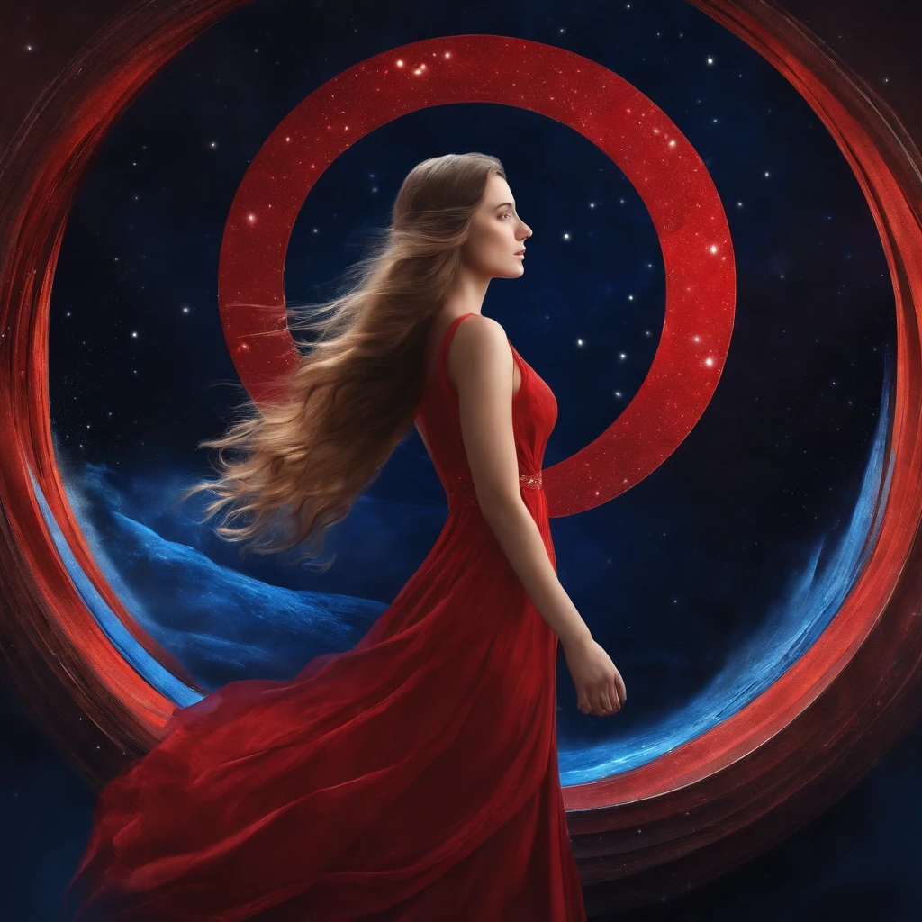 masterpiece, bestquality, a girl, long-haired, Red long dress, Blue Ribbon,abstract background,Magic Circle,outer space,arms behind head