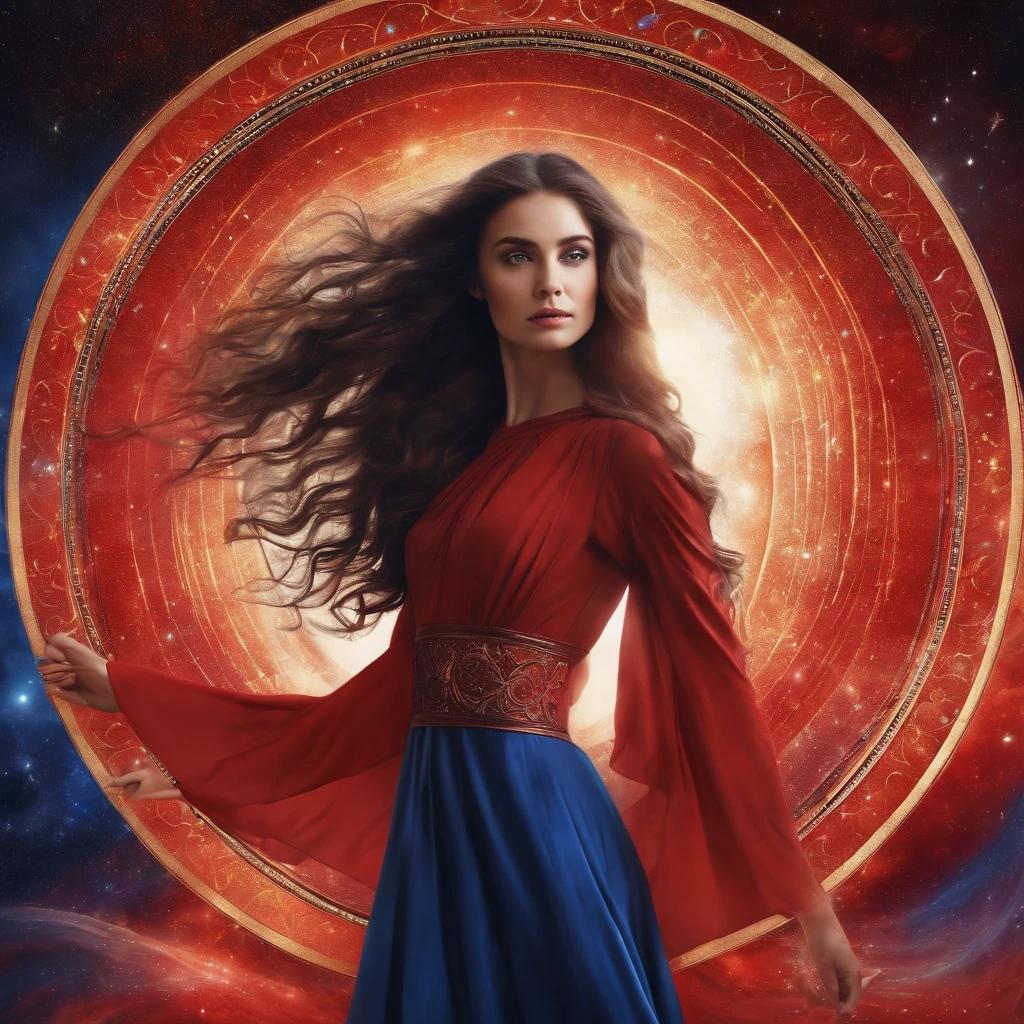 masterpiece, bestquality, a girl, long-haired, Red long dress, Blue Ribbon,abstract background,Magic Circle,outer space,arms behind head