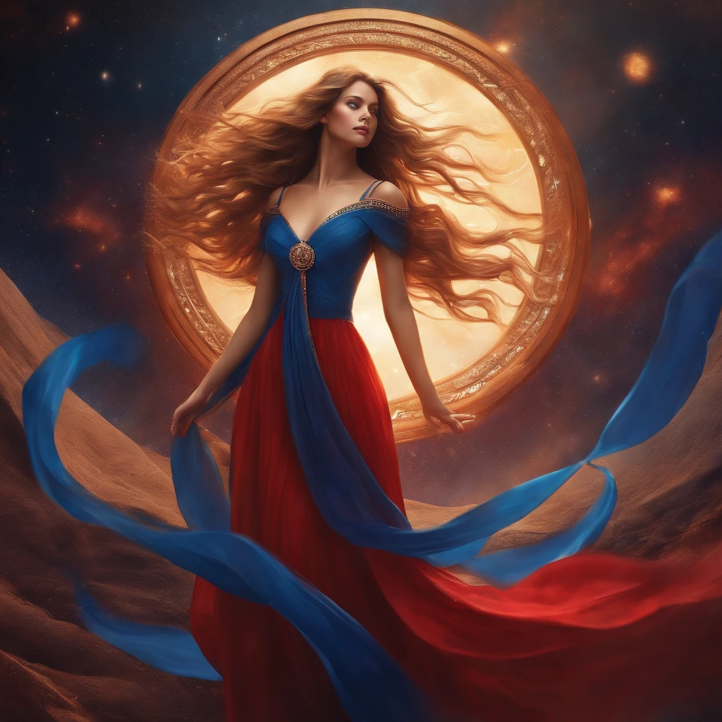 masterpiece, bestquality, a girl, long-haired, Red long dress, Blue Ribbon,abstract background,Magic Circle,outer space,arms behind head