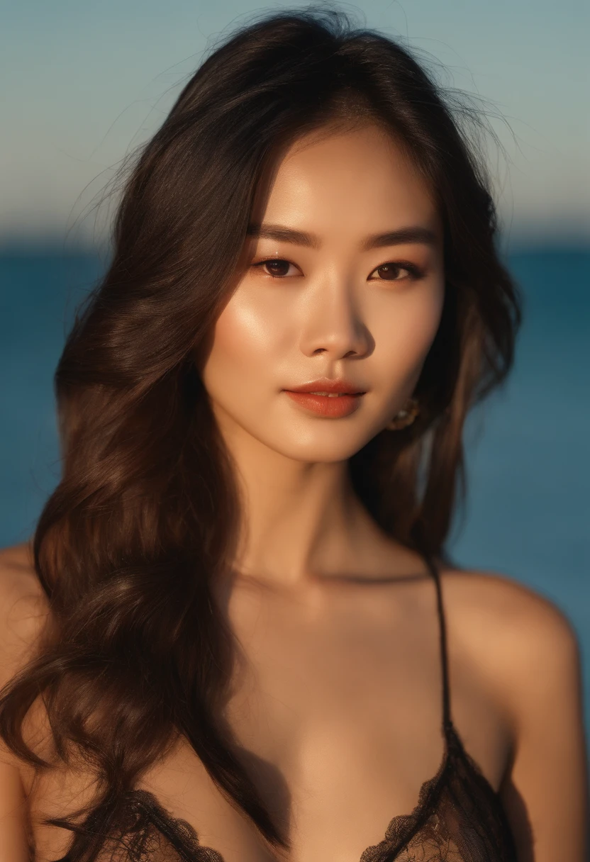character Asian indigenous adult woman, bikini, tan skin, long hair with bangs, sitting on the riverside, masterpiece, best quality, detailed skin, detailed eyes, black eyes,8k, good shading, beautiful strokes, detailed background, natural good anatomy
