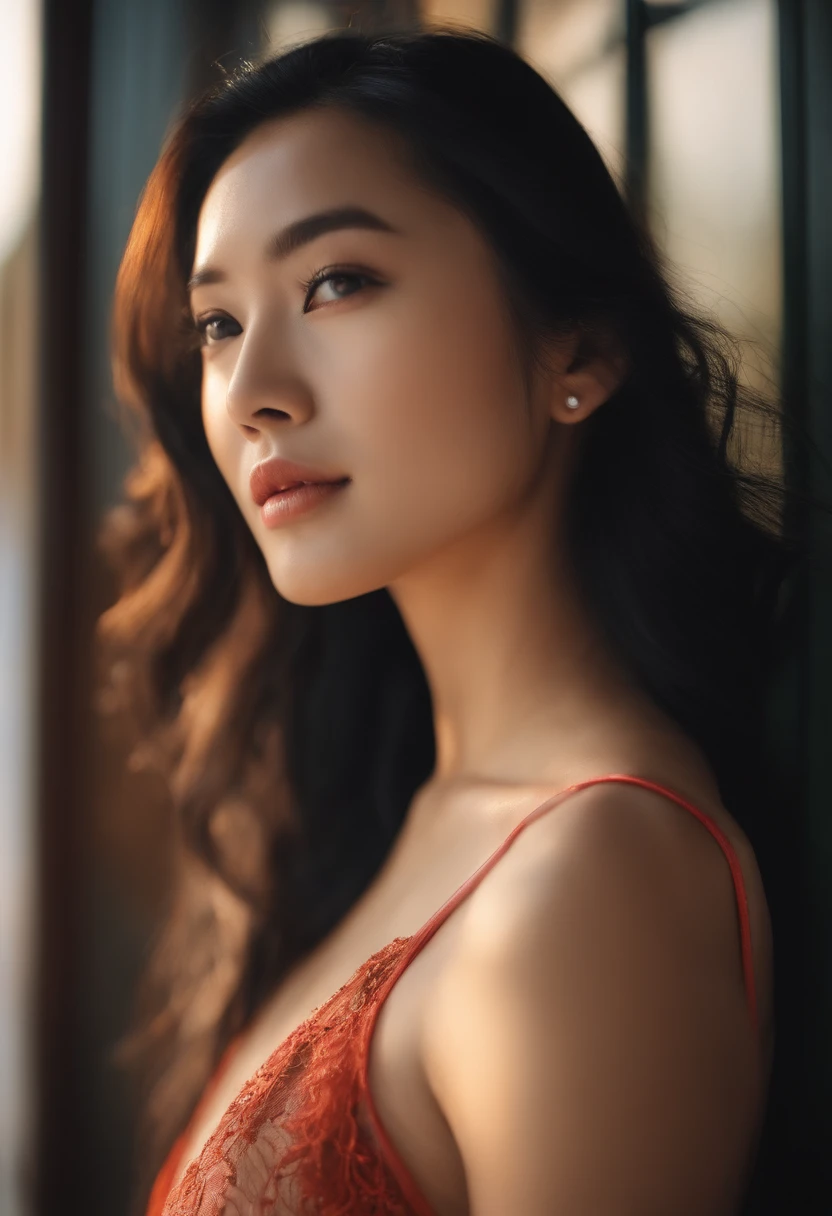 Close-up of Japan girl, Cute face like an idol、Classic Bob, swim wears、blanche、 Amazing body, pronounced feminine feature, huge tit,  A dark-haired,