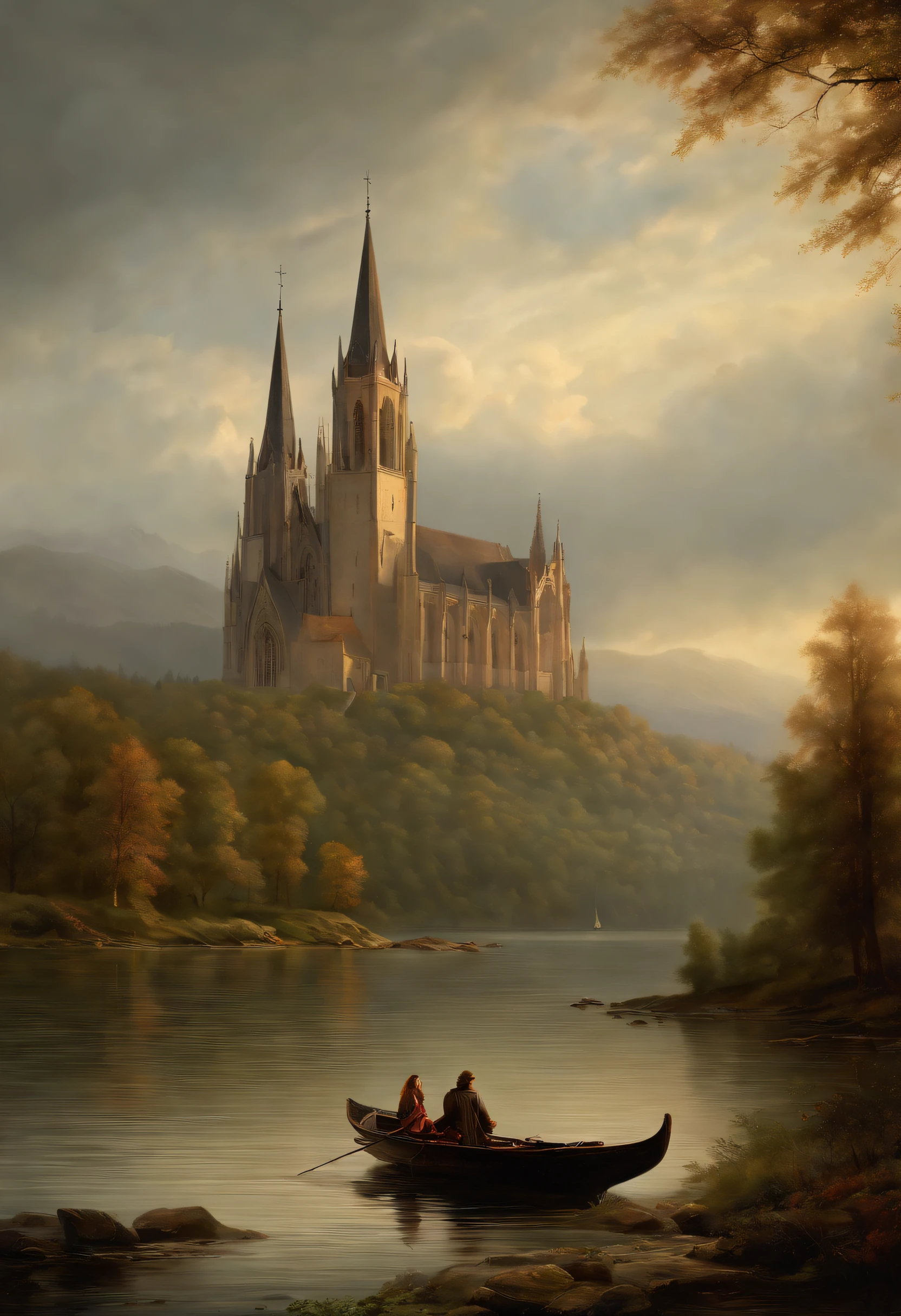 a painting of a painting of a cathedral with a young woman in a boat in the water on a lake, (junge Frau mit Sonnenschirm im Boot), ein Matte Painting von Friedrich Gauermann, Pinterest (Englisch) (Englisch) (Englisch), Gotische Kunst, carl friedrich, Neugotische Kunst, berthold woltze, inspirierende gotische Architektur, Gotische Kathedrale, Gotische Malerei, Gotische Architektur, Late Gothic sacred painting, sebastian pether, asher david friedrich, Stil der deutschen Romantik