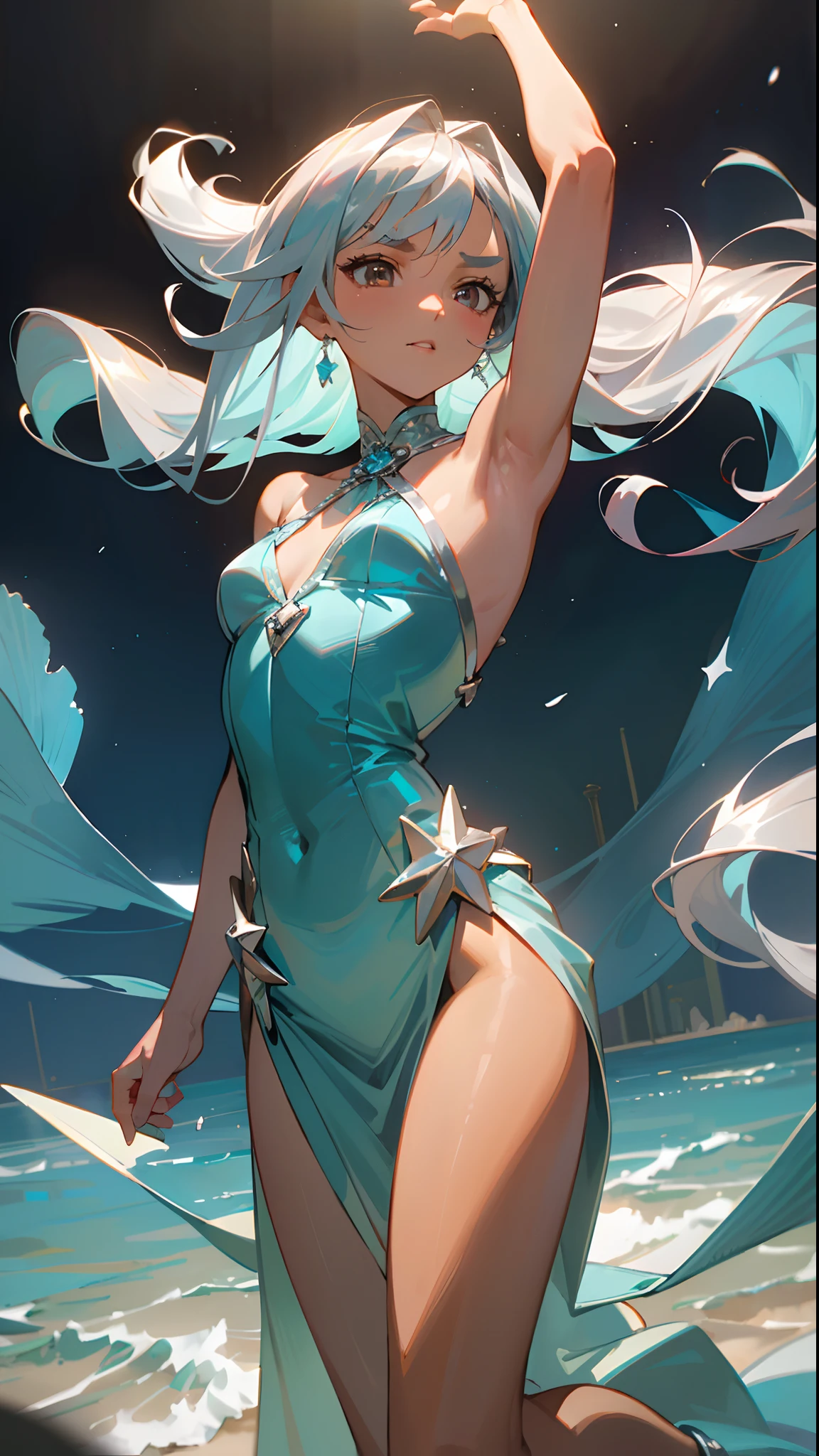 (masterpiece, best quality:1.3),beautiful detailed glow,best illuminate,(((best quality,textile shading,ultra detailed))),extremely detailed CG unity 8k wallpaper,Highly Detailed beautiful and aesthetic,best light,high resolution,detailed,dynamic lighting , 1Character ,  pastel washed out colors , cell shade , soft, muted shades ,gentle colors ,sword art online art style 

She wears a flowing, aqua blue, asymmetrical blouse with a gentle V-neckline, The blouse is adorned with delicate silver embroidery reminiscent of seashells and coral, floor-length, mermaid-style skirt made from iridescent, deep blue fabric that shimmers like the sea under moonlight, The skirt features silver accents in the shape of flowing waves, sandals with aqua blue straps, adorned with small seashell charms , an ankle bracelet with silver seashell charms that chime , wrists are adorned with aqua blue and silver bangles,Beautiful woman, extremely long hair , ((silver hair:1.3)) , wavy hair , full lips , pink iris , fit body , ((brown skin:1.3)), ((dark skin:1)), has striking long, white hair that flows down to her mid-back, strong and determined facial structure, with fierce, light pink eyes that convey her unwavering resolve, eyebrows are thin and arched, powerful and athletic build, She is notably tall and statuesque, well-defined muscles, age 33