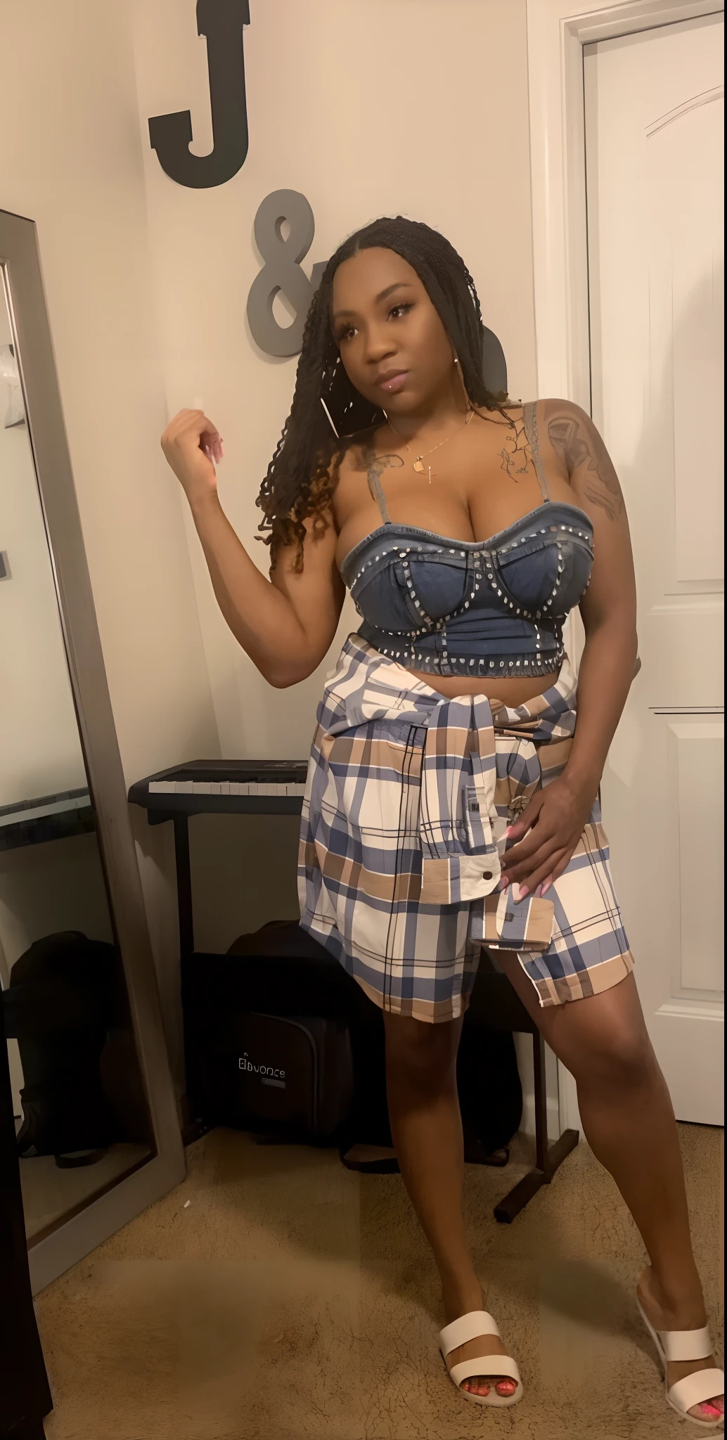 there is a woman standing in a room with a mirror, thick thighs, mid 2 0's female, bra and shorts streetwear, full body picture, profile image, exposed thighs!!!, profile photo, dressed in a top and shorts, wearing a low cut tanktop, large thighs, gorgeous female, mid body shot, profile picture, extra short blue plaid skirt, toppless, boobs,