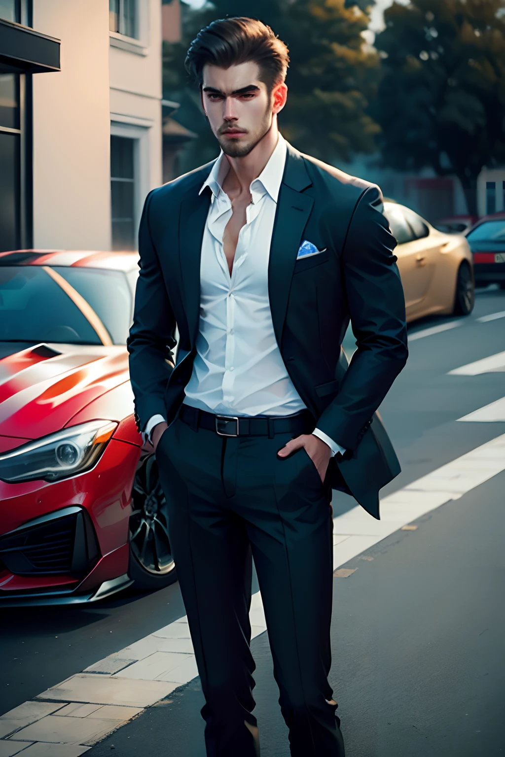A handsome man standing infrontnof a sport car, wearing jacket