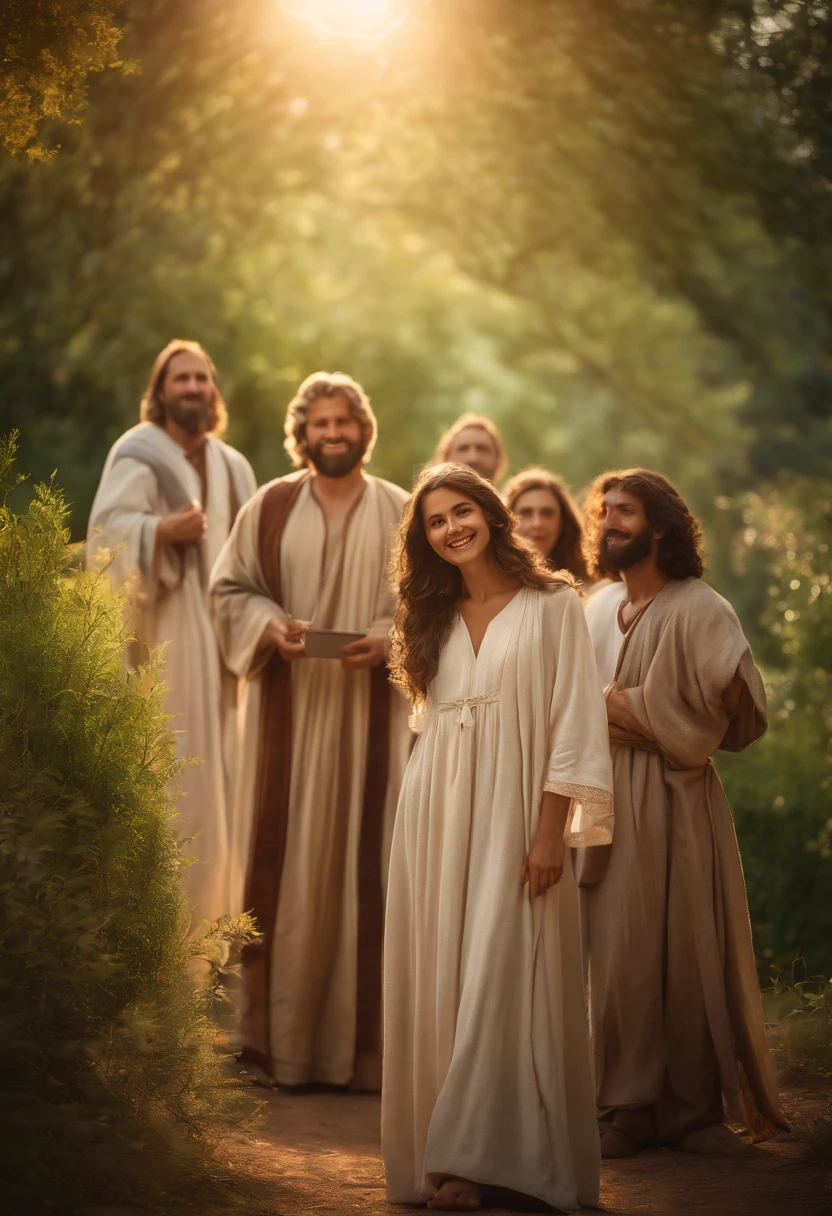 Jesus Cristo taking a selfie with his apostles,artistic rendering,realistic portrayal,ultra-detailed,professional,best quality,HDR,studio lighting,vivid colors,physically-based rendering,bokeh,warm color palette,soft lighting,peaceful ambiance,detailed facial expressions,wisdom and serenity in Jesus' eyes,halo around Jesus' head,graceful and sacred atmosphere,gentle smiles on the apostles' faces,diverse and expressive postures,flowing robes with intricate patterns,beautiful scenery with lush greenery,pleasant sunlight streaming through the trees,ethereal glow surrounding the group,peaceful and serene garden setting,masterpiece:1.2,highres.