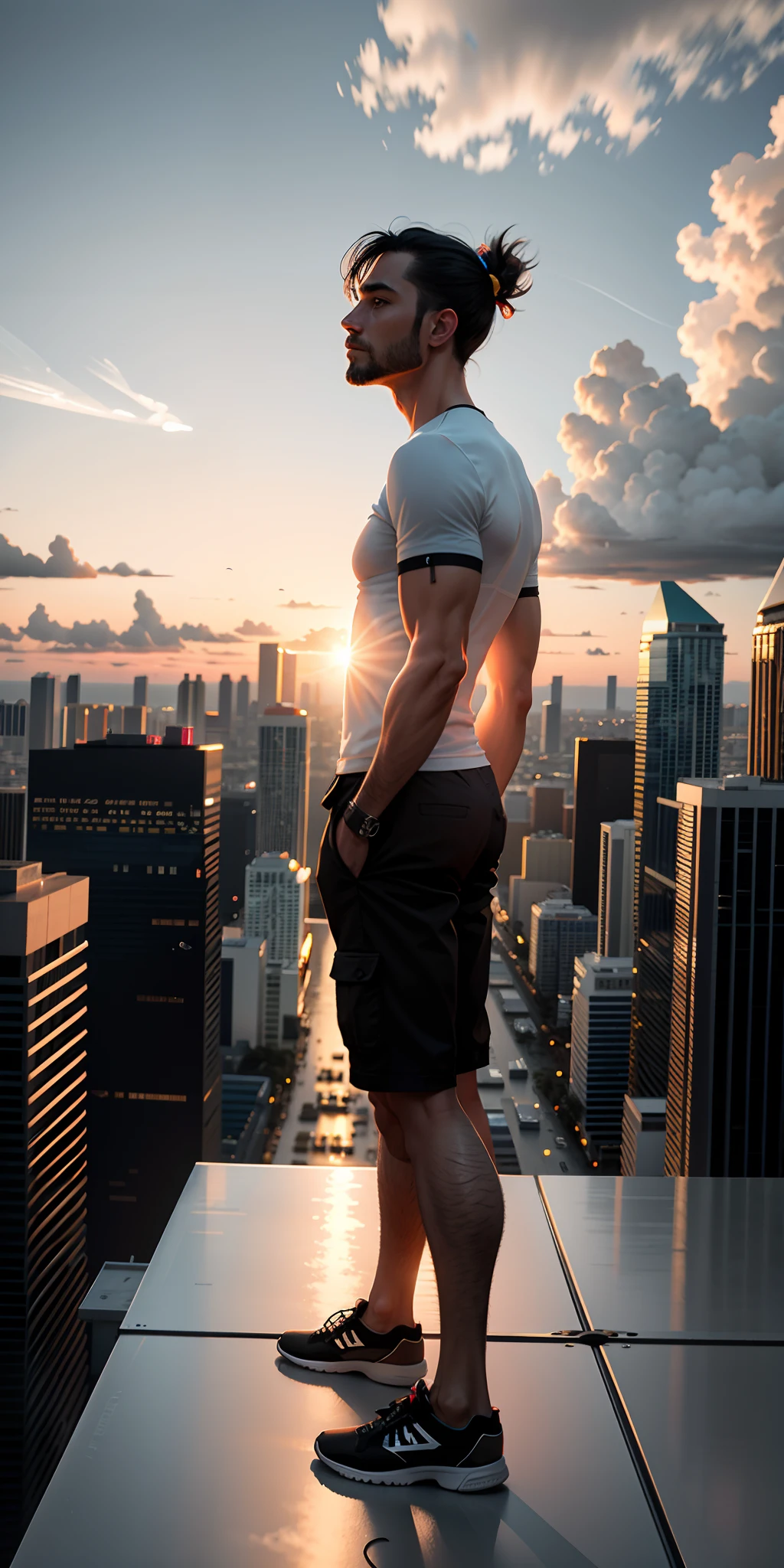 A man stands on a roof in Miami at sunset