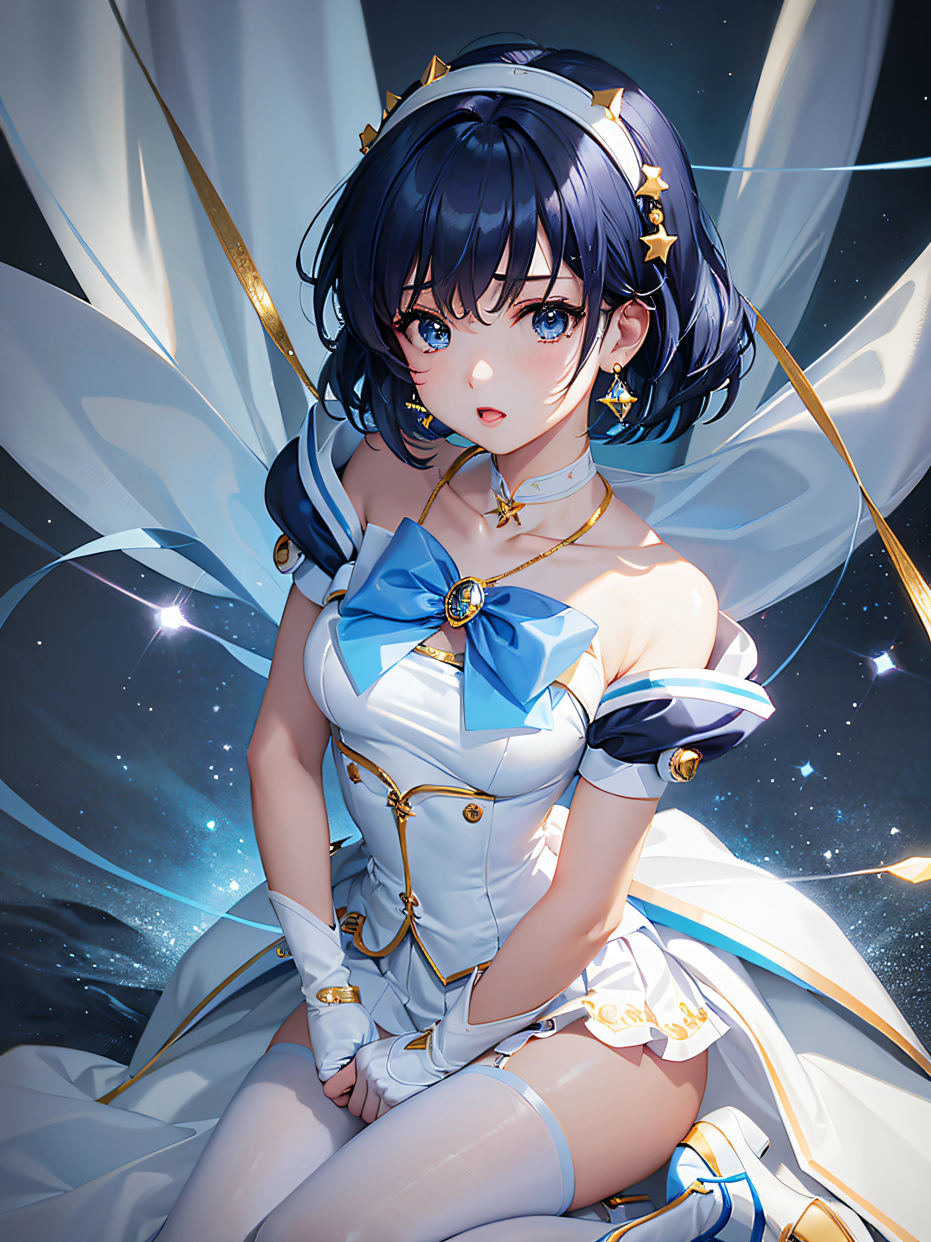 best quality,masterpiece,reality:0.8,1girl ,moonlight,under the moon,at night,rich background,((Ami Mizuno)),(Sailor Mercury,)Sailor suit, magical girl,dark blue hair, blue pupils, White pure blue skirt, blue collar with white stripes, light blue bows on the chest and back skirt, pure blue round stones on the chest bow, white three-ringed shoulder harness, white V-shaped waist harness, white three-ringed gloves with blue trim, blue white-trimmed boots with half-heels, gold V-shaped stripes with oval sapphires, three light blue gemstone studs for the left ear and one for the right ear, and a collar with a pure blue sash