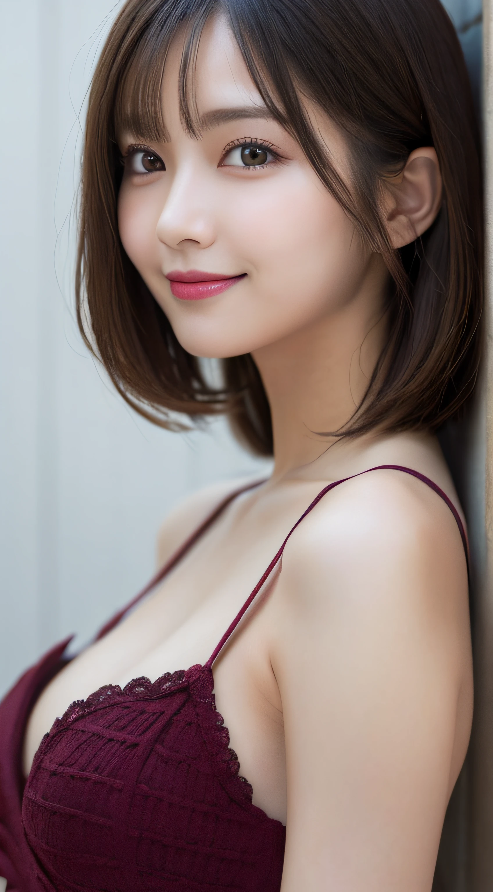 masutepiece, Best Quality, Illustration, Ultra-detailed, finely detail, hight resolution, 8K Wallpaper, Perfect dynamic composition, Beautiful detailed eyes, Women's Fashion Summer,Bob Hair,mid-chest, Natural Color Lip, Bold sexy poses,Smile,Harajuku、24-year-old girl、Cute、Sexy shot looking at camera