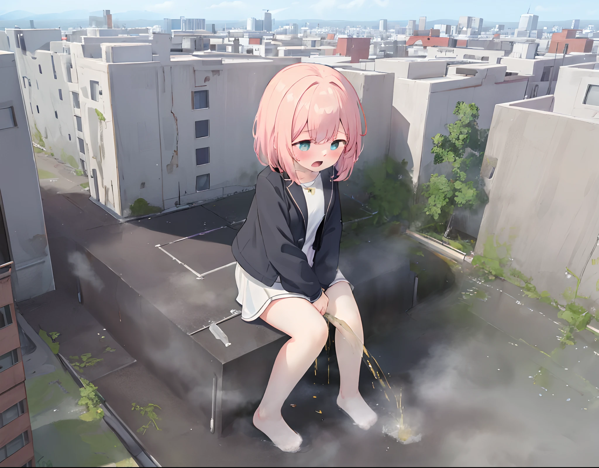 1girll,Jacket,A giantess,Giantess, City of Miniature,Small lake,best qualtiy:1.3),Cowboy shot,Skysky,Normal,high perspective,Girl,Those who don't wear shoes,No shoes,No shoes,Squat,Squat,Be red in the face,Comfortable expression,diaper,pissing,urine,Nourishes urine,urine squirting,Urine emits steam,Destroyed buildings, full bodyesbian, view the viewer, Medium breasts, Open mouth, Solo,