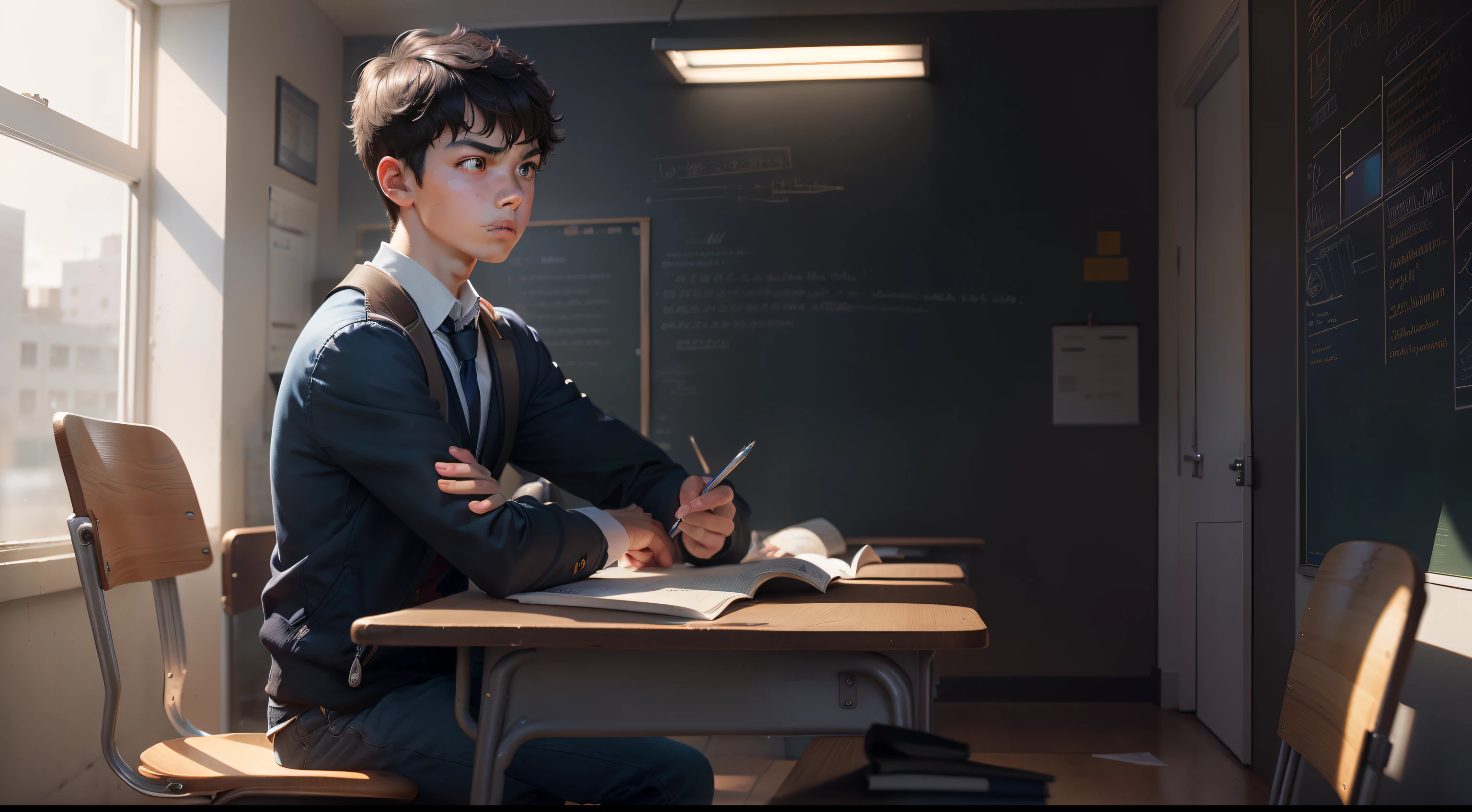 (best quality,ultra-detailed,realistic:1.37),teenager boy,entering classroom,angry expression,short black hair,expressive eyes,narrowed eyebrows,clenched fists,white school uniform,blue backpack,sharply dressed students,messy desks and chairs,classroom blackboard,homework papers on the floor,sunlight streaming through the windows,flickering fluorescent lights,serious atmosphere,determined attitude,concentrated energy,academic setting,numerous textbooks on the shelves,educational posters on the walls,vibrant colors,celestial blue color tones,sunlit highlights and shadows,stark contrast between light and dark,enlightenment symbolism,dynamic composition,dramatic lighting effects,photorealistic style,high resolution,professional-grade artwork.