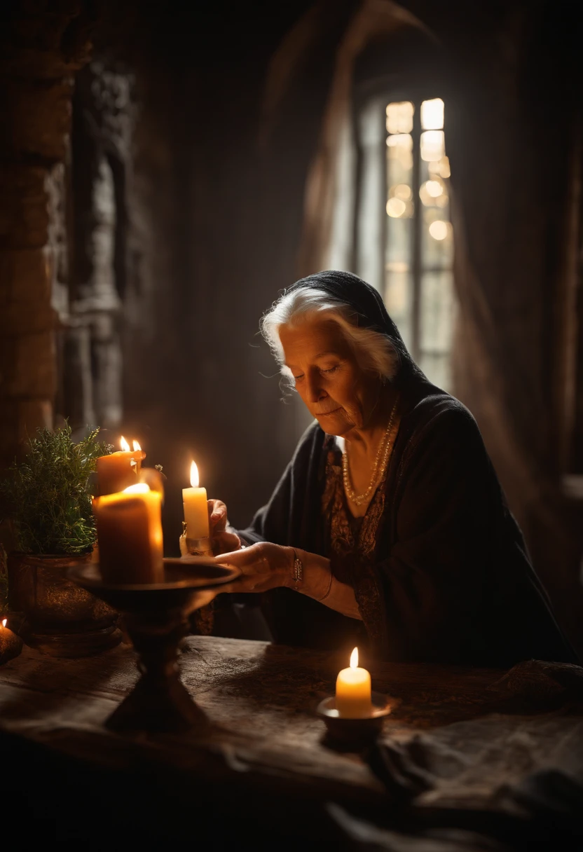 (masterpiece, very high resolution:1.3), (photo of an old woman in her dark and mysterious environment:1.2), (Sony Alpha 1 camera, known for capturing exceptional detail and low-light performance:1.2), (paired with the Sony FE 24-70mm f/2.8 GM lenses for a versatile and sharp composition:1.2), (The old woman surrounded by an aura of mystery and intrigue:1.1), (her dark clothes and enigmatic expression adding to the atmosphere:1.1), ( Sony Alpha 1 camera capturing the intricate textures and subtle tones in low light setting:1.2), (a table adorned with dried herbs, scattered in a mystical formation:1.1), (candles flickering, casting dancing shadows around the room:1.1) , (the dim lighting that contributes to the atmosphere of secrecy and mysticism:1.1), (the woman's eyes focused on the cards, as if seeking answers from the unknown:1.1), (a cauldron nearby, Adding to the mystical setting :1.1), (symbols of astrology and esoteric knowledge decorating the room:1.1), (a hint of incense in the air, adding to the sensory experience:1.1), (The photo that captures the woman's connection with the spiritual world and her mysterious aura:1.1), (a moment frozen in time, capturing the intense, introspective atmosphere of divination:1.1), (an image that invites viewers into a world of magic and spiritual insight, leaving them intrigued and curious:1.1) , cinematic, holding an old bottle and putting weed inside, hyper-detailed, insane details, Beautifully colored, Unreal Engine, DOF, Super-Resolution, Megapixel, cinematic lightning, anti-aliasing, FKAA, TXAA, RTX, SSAO, Post processing , post-production, Tone Mapping, ..cgi, VFX, SFX, Insanely detailed and intricate, Hyper maximalist, hyper realistic, volumetric, photorealistic, ultra photoreal |, ultra-detailed, intricate details, 8k, super detailed, Colorization, Volumetric lightning, HDR, realistic, Unreal engine, 16k, sharp focus, Octane rendering