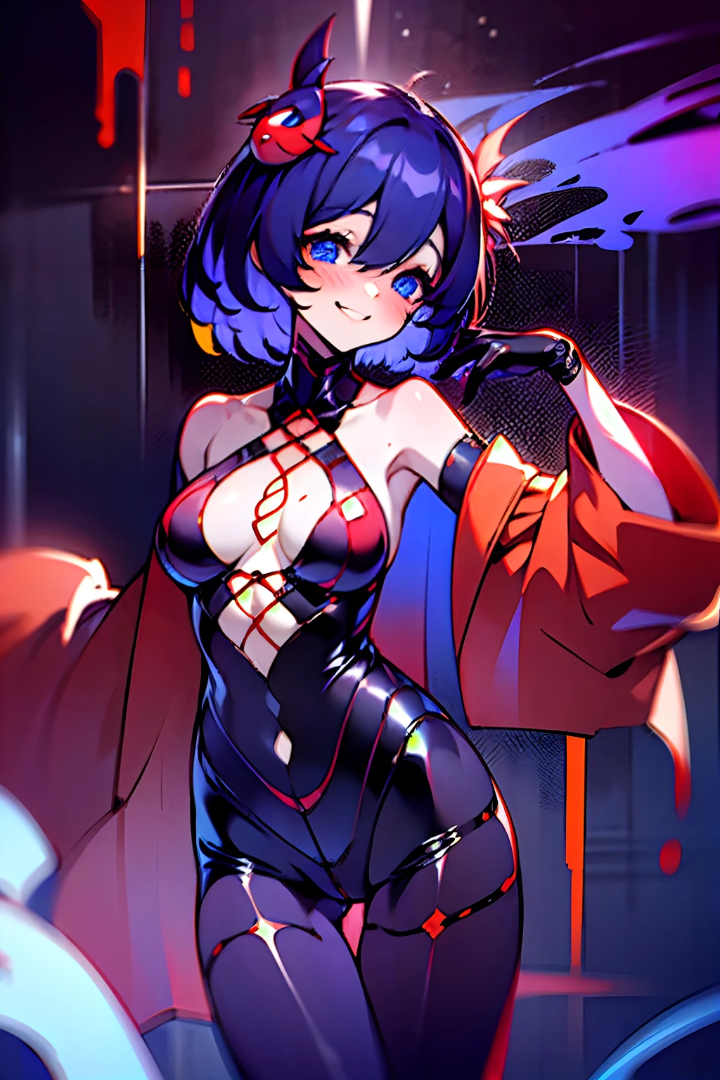 1girll, 独奏, standing on your feet, hair adornments, Blue eyes,, mechanicalparts, electrical wires, electric cables, Failure effect, terroral, sci-fy, A futuristic, background inside dark, neonlight, cyber punk perssonage, hyper realisitc, eerie, unnerving, spine-chilling, terroral, onesie,Blue eyes,Venom possession,Blackened,Long blue gloves,Jumpsuits,Skinny one-piece latex clothing,Highlight her gorgeous figure,Wrap the whole body,symbiote,((Raised sexy)),onesie,Blue eyes,Venom possession,Blackened,Long blue gloves,Jumpsuits,Black latex clothing,Blue eyes,Best quality, high resolution, Ultra-detailed, Vivid texture, Mask, Skinny one-piece latex clothing, bangs, Blue hair,Wear socks,Blackened,Wrapped in black slime,A sad expression,Say goodbye to the gaze,Red coat,long eyelasher, solid circle eyes, Light smile, Ear blush, Dark blue hair, hair between eye, Short hair,, Mad eyes,, Crazy smile, Sad smile, Evil smile, crazy, jitome, shaded, Yandere, chin grab, disdain, Evil, Crazy smile, Colored inner hair, Blue hair, Dark blue hair, surrealism, shadowing, anaglyph, stereograms, tachi-e, angle of view, Atmospheric perspective, Chiaroscuro, Cinematic lighting, 8K, Super detail, ccurate, Best quality, hyper HD, retinas, Masterpiece, Textured skin, Award-Awarded, A high resolution, Best quality, Super detail, best qualtiy, 8K, digitial painting,Red coat,Anime girl in red cape