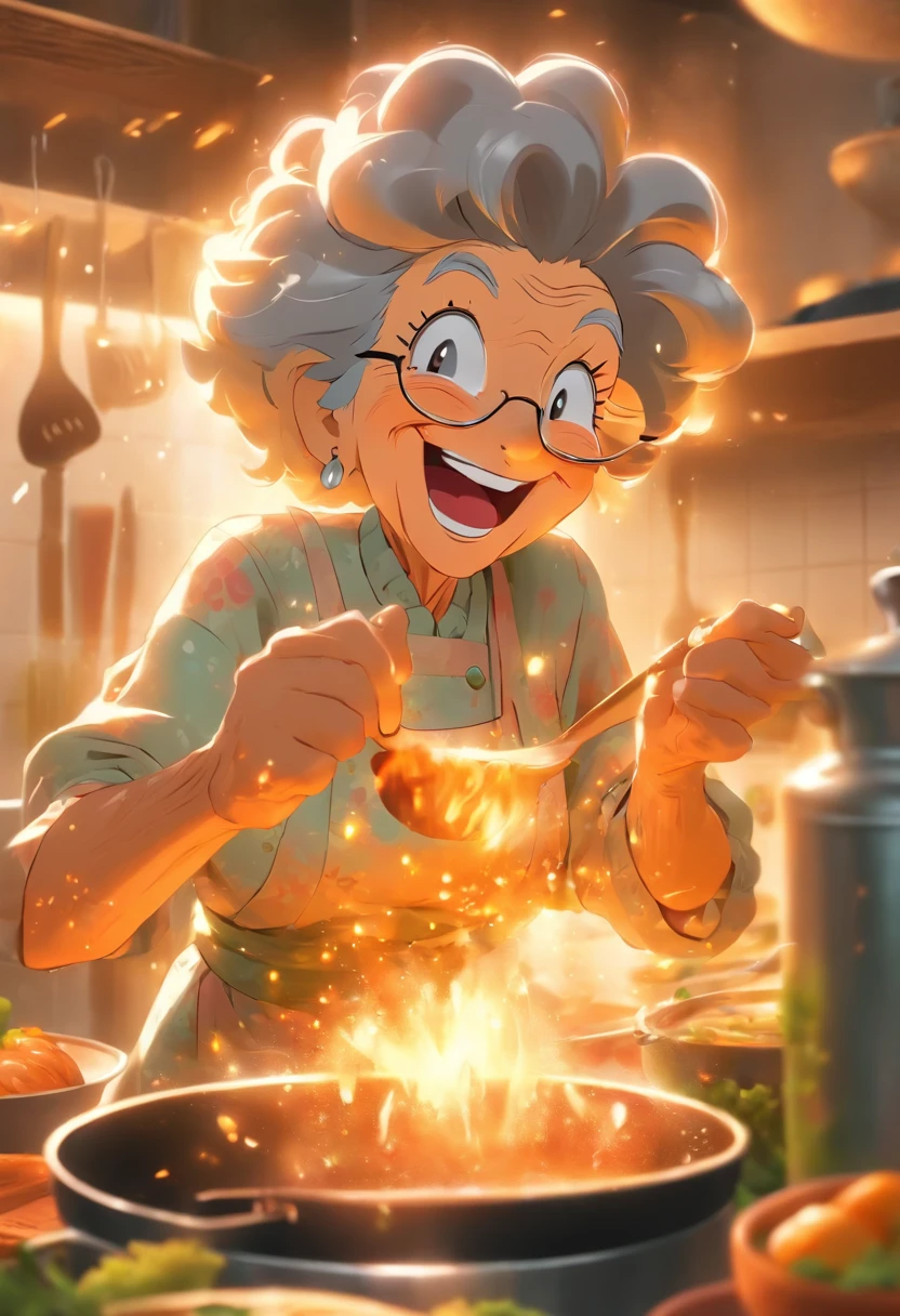 Granny cooking in kitchen,happily laughing,Enjoy the state of life