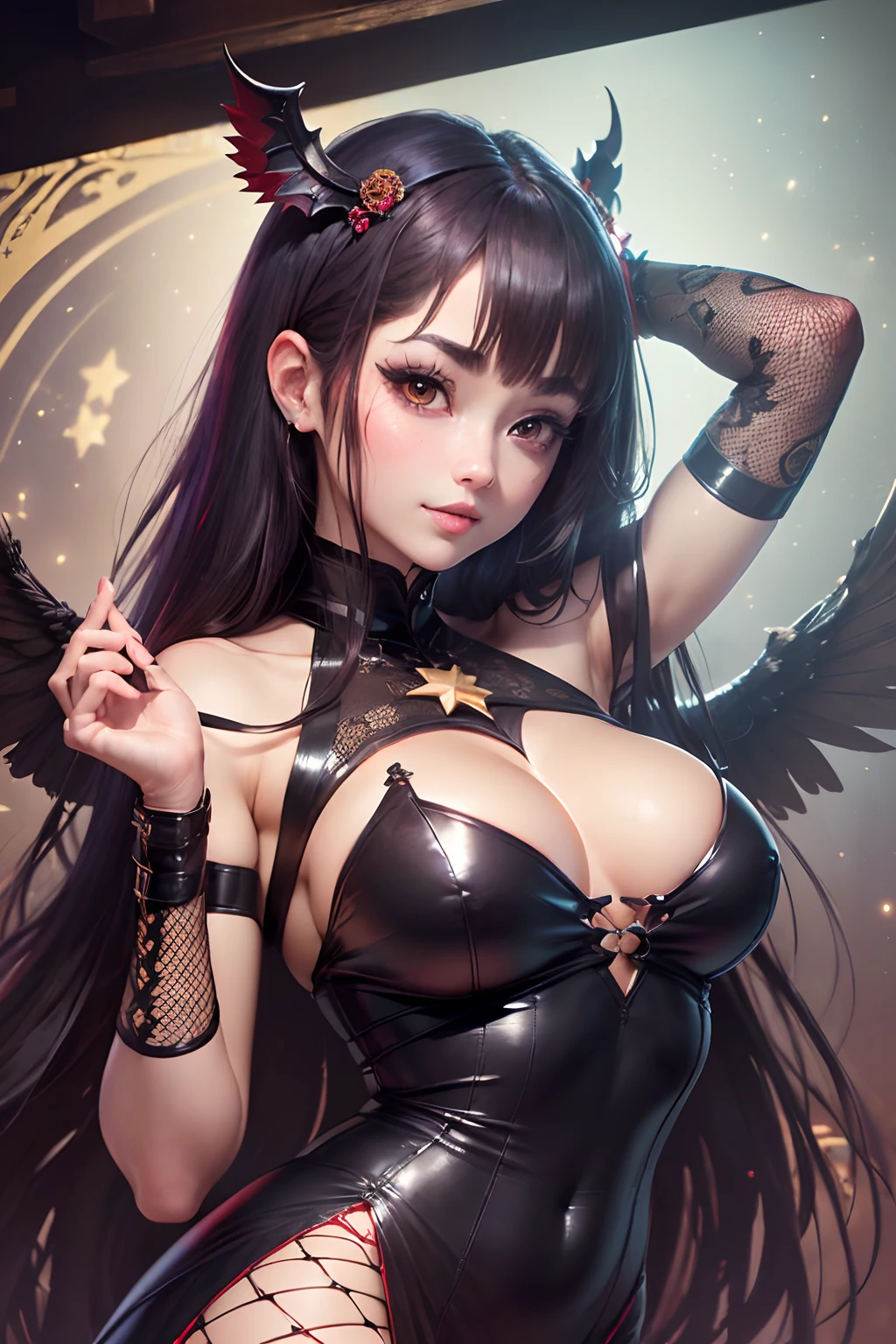 ((16k,Raw photography,top-quality,hight resolution,Ray tracing,PBR Texture,Post-processing,)),(((Dark red long dress, Long skirt bondage,Cute Japan anime girl,overload,albedo,succubus,Winged woman,Long straight dark indigo hair,Big breasts that emphasize cleavage,bare hand,Thin leg,))),(finerly detailed face:1.4),(masterpiece:1.5),(top-quality:1.6), Beautiful fine skin,(cute little:1.8),(Complex fishnet stockings,Absolute Area,bilaterally symmetrical,),Precisely shaped pin heel,Leather luster 3.0,Beautiful skin,((Red bodycon with beautiful embroidery),((tthin eyebrows,long eyelashes,smil,二重まぶた,Perfect number of limbs,Perfect finger shape,)),Inside the castle,No title required,Do not wear anything on your shoulders, From above,Staring from the front,Create beautiful light effects on the background,Create cute star effects on backgrounds,