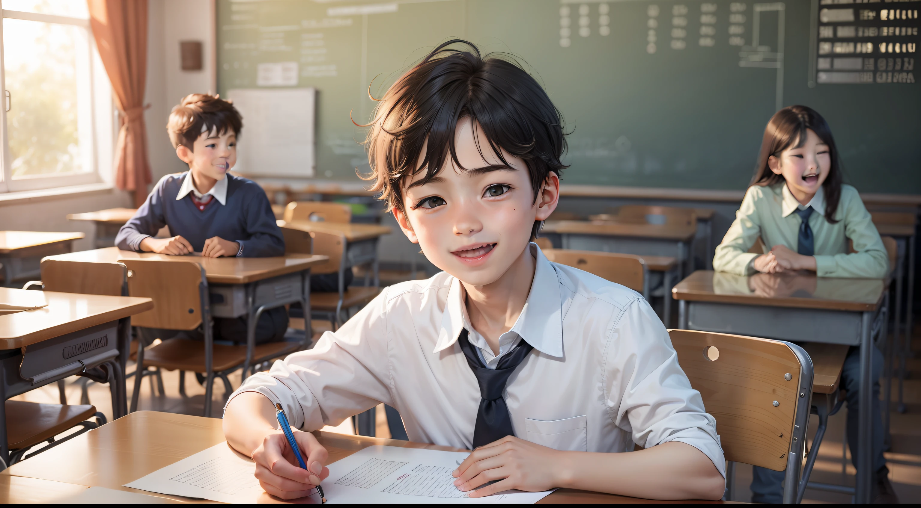 A boy, enjoying with his classmates, in a classroom.