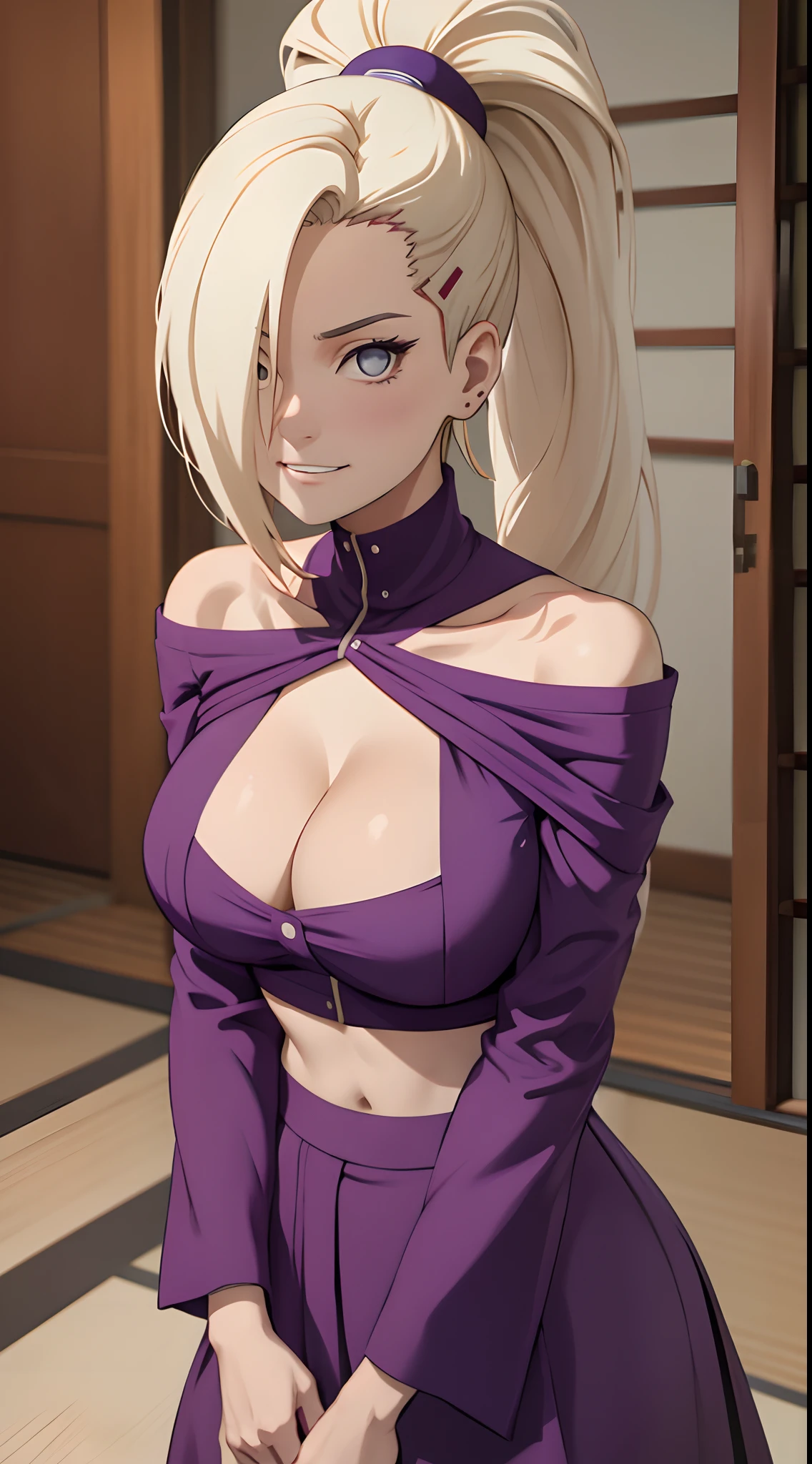 Ino yamanaka， komono， nevando， sitted，Purple clothes，Off-the-shoulder attire，cleavage，ssmile，Be red in the face，inside in room，Close-up close-up，with a good figure