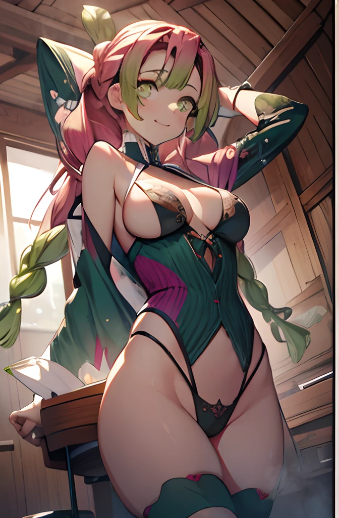 masutepiece, Mitsurikan Log, mitsuri kanroji, braid, Gradient Hair, (Green eyes:1.5), Green hair, Long hair, Mole, Mole under the eyes, multicolored hair, Pink hair, Twin braids, Two-tone hair, Brake belt, Black skirt, cleavage, haori, BREAK looking at viewer, Break indoors, BREAK (masutepiece:1.2), Best Quality, High resolution, Unity 8k壁纸, (Illustration:0.8), (Beautiful detailed eyes:1.6), extra detailed face, Perfect Lighting, extremely details CG, (Perfect hands, Perfect Anatomy),colourful hair, The whole body is reflected, (Off-the-shoulder costumes:1.5), ((chest wide open and exposed)), (Smile), Sitting on a chair, legs crossed, Hands behind the head, Showing the side, Lying on your back on the bed, ((undergarment)), ((Torn clothes))