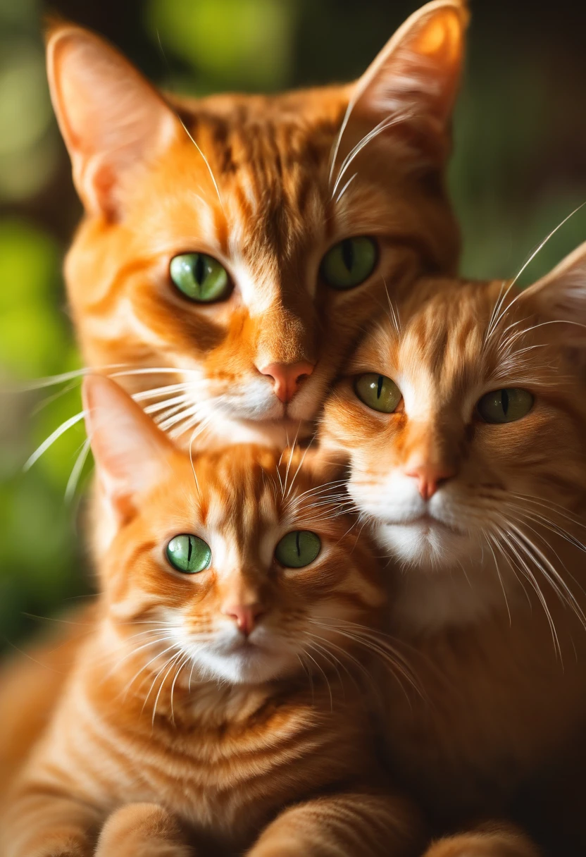 (2cat:1.3), (2 animals:1.3), ((Black-brown eyed cat)), ((Ginger Green Eyed Cat)), (Hugging:1.2), stunning atmosphere, Cute atmosphere, Magic Dust