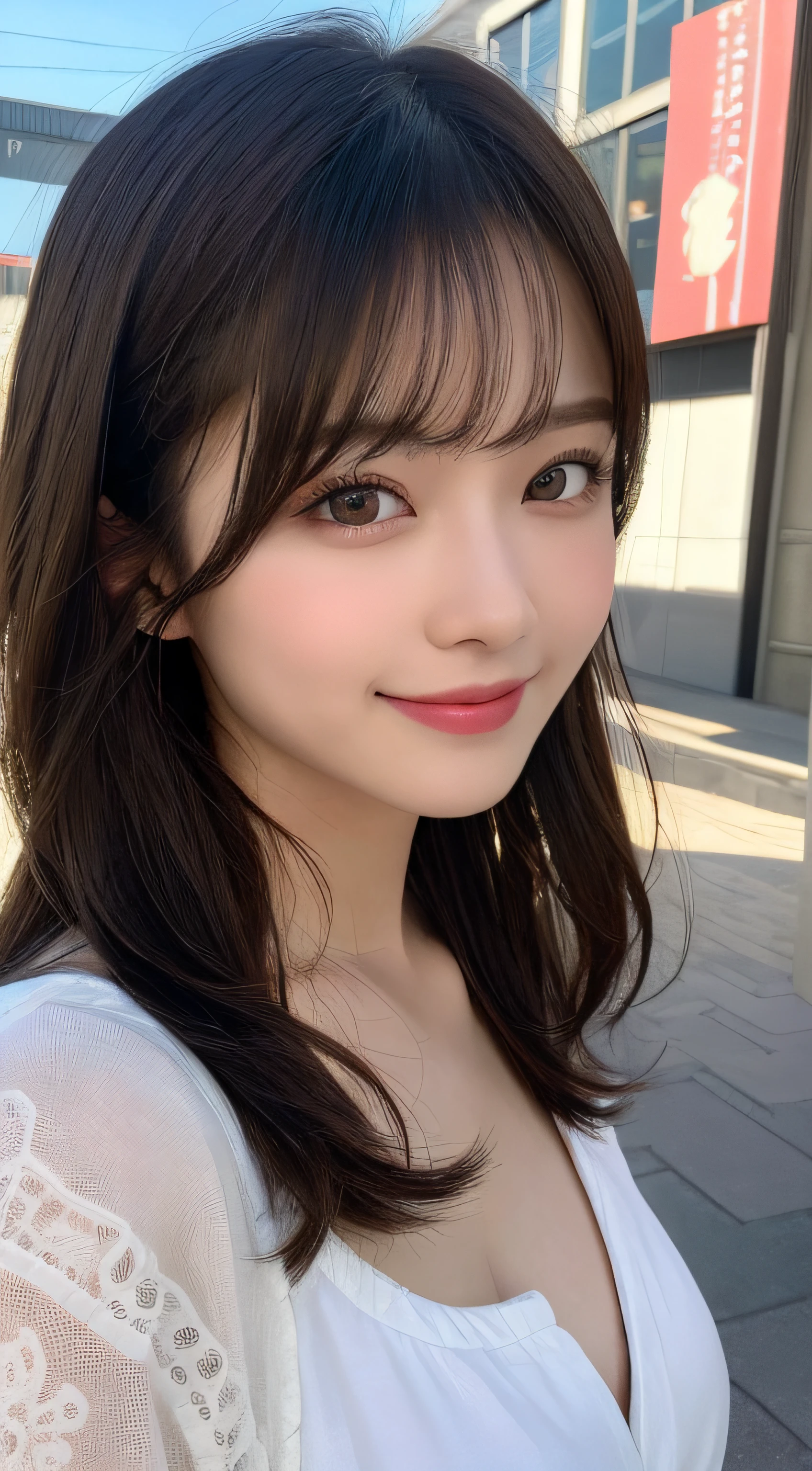 table top, highest quality, shape, Super detailed, finely, High resolution, 8k wallpaper, 完璧なダイナミックな構shape, beautiful and detailed eyes, off shoulder dress, small breasts, natural color lip,優しいsmile,20 year old girl、美しくdetailed face、perfect and beautiful face,Big eyes、美しくdetailed face、perfect and beautiful double eyelids、blur the background、Feminine poses、slim face and style、straight hair、Bedroom、lie in bed、 (get closer to the face, enlarge the face, face focus:1.0), break, (masterpiece, highest quality, Super detailed, detailed face, 8k)、real photos（best image quality）、Shoot from below、look up、K-POPアイドルフェイス、smile