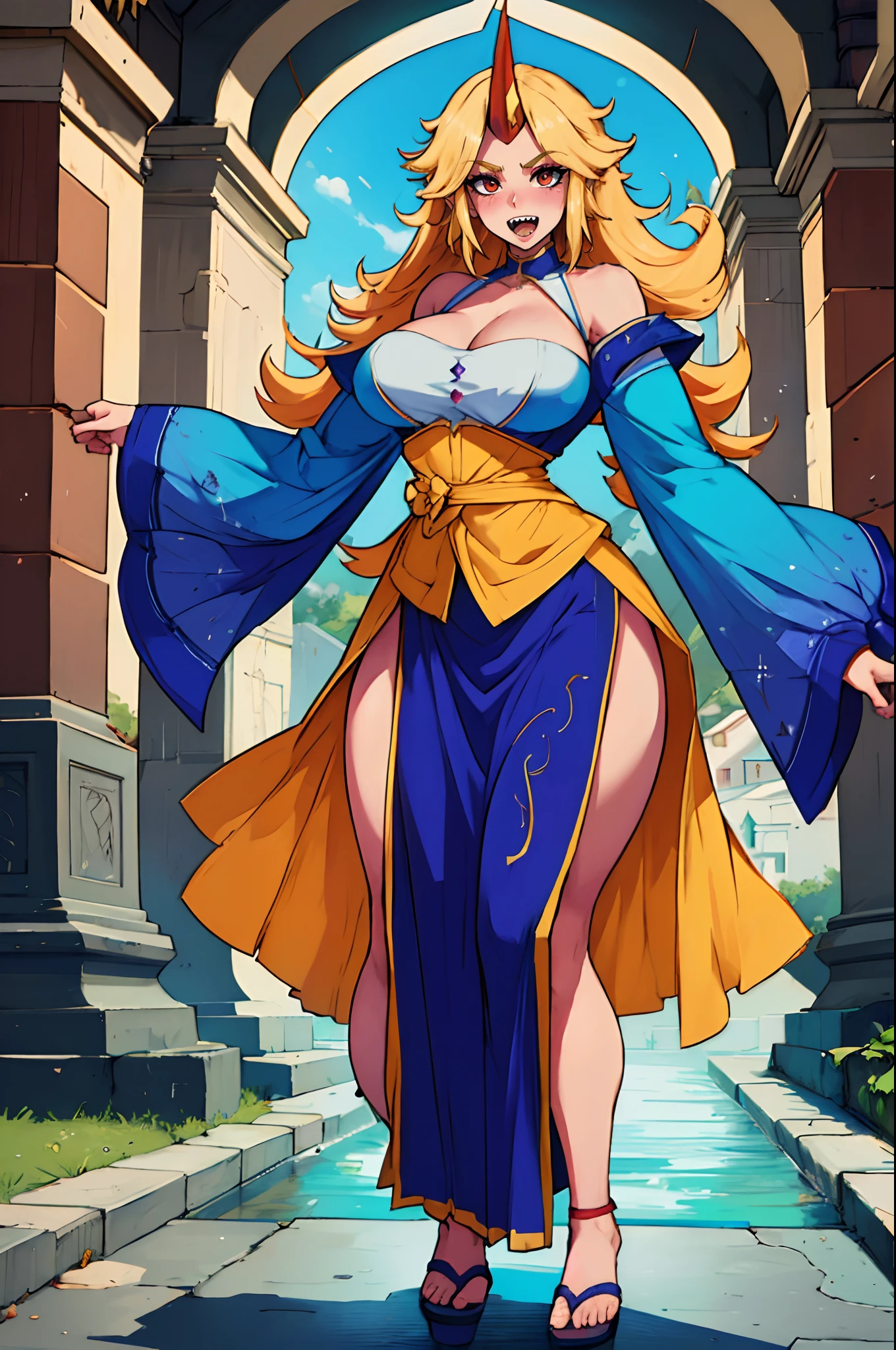 hoshiguma yuugi, european medieval cloths, crazy smile, medium breast, large skirt, long skirt, flipflops, full body, standing, medieval clothing,long skirt,(best quality,4k,8k,highres,masterpiece:1.2),ultra-detailed,(,1.37),portraits,vivid colors,warm tones,soft lighting, sharpteeth open mouth ,smile