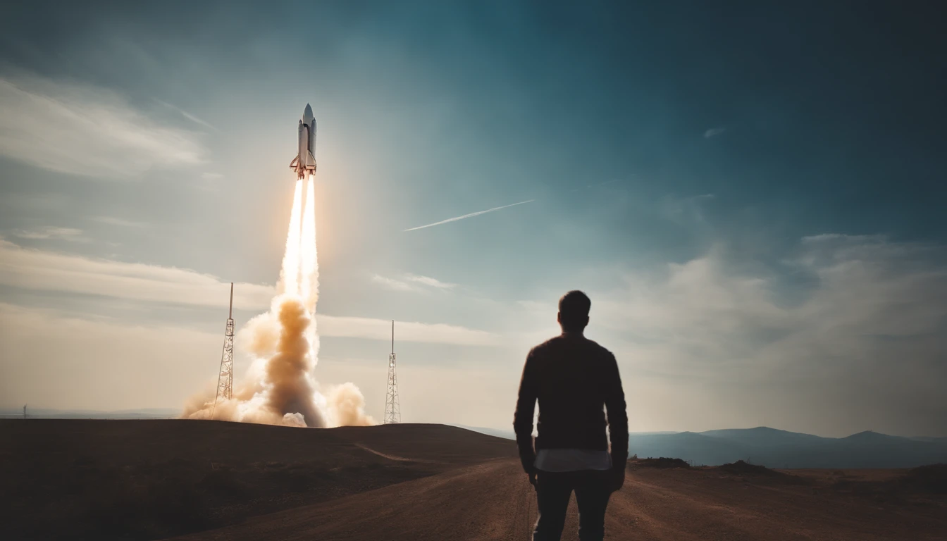 a picture、(Photorealsitic:1.4)、(hyper realisitic:1.4)、(Cinematic:1.5)、Rocket launch、vapor trail, blue-sky、