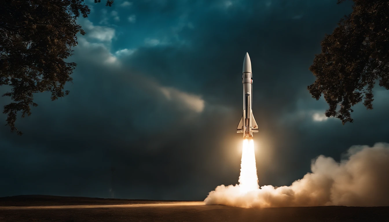 a picture、(Photorealsitic:1.4)、(hyper realisitic:1.4)、(Cinematic:1.5)、Rocket launch、vapor trail, blue-sky、