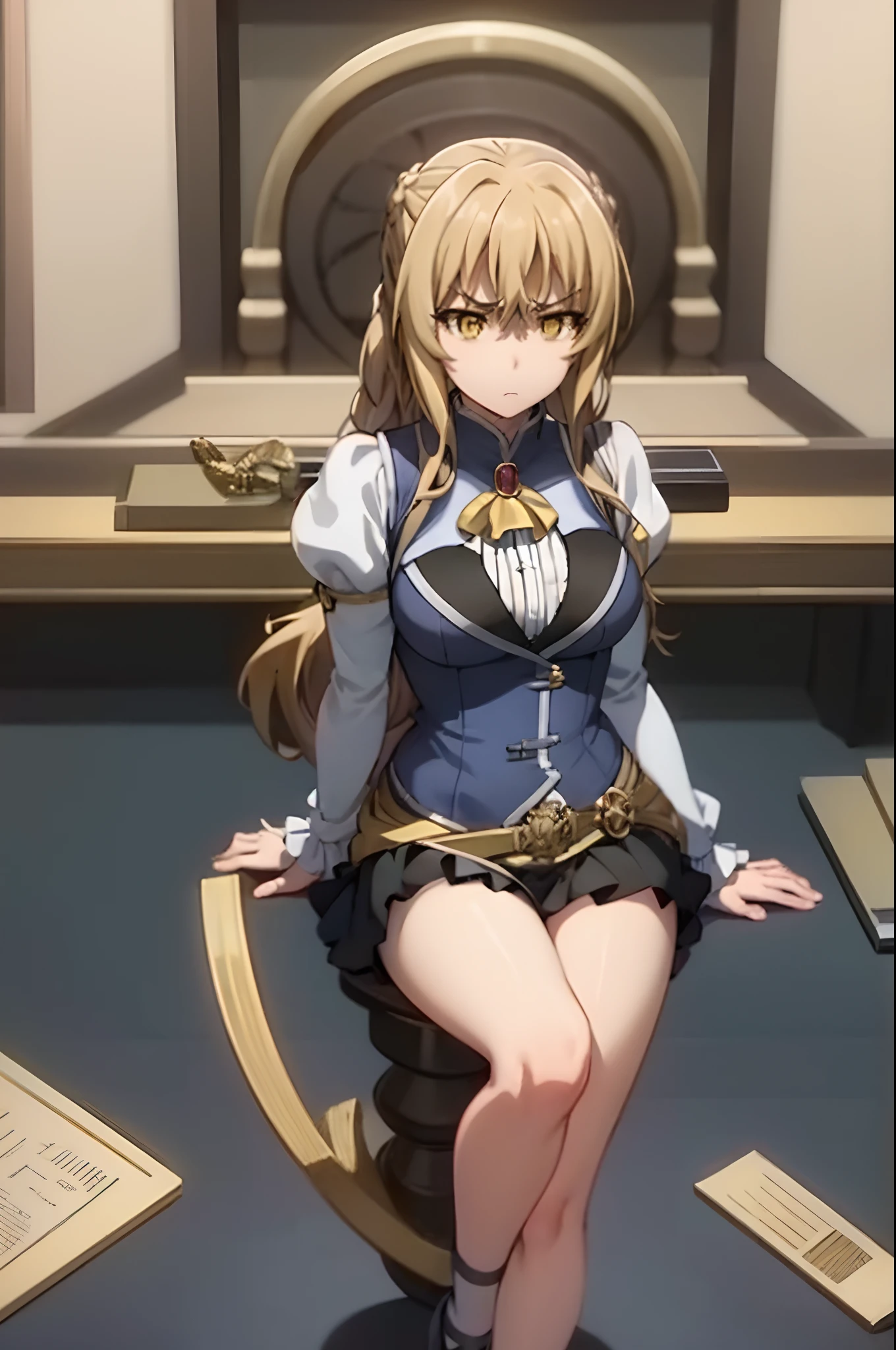 guild girl, long hair, blonde hair, yellow eyes,bra,mini skirt,split spread legs sitting,((looking disgusted)) very angry disappointed