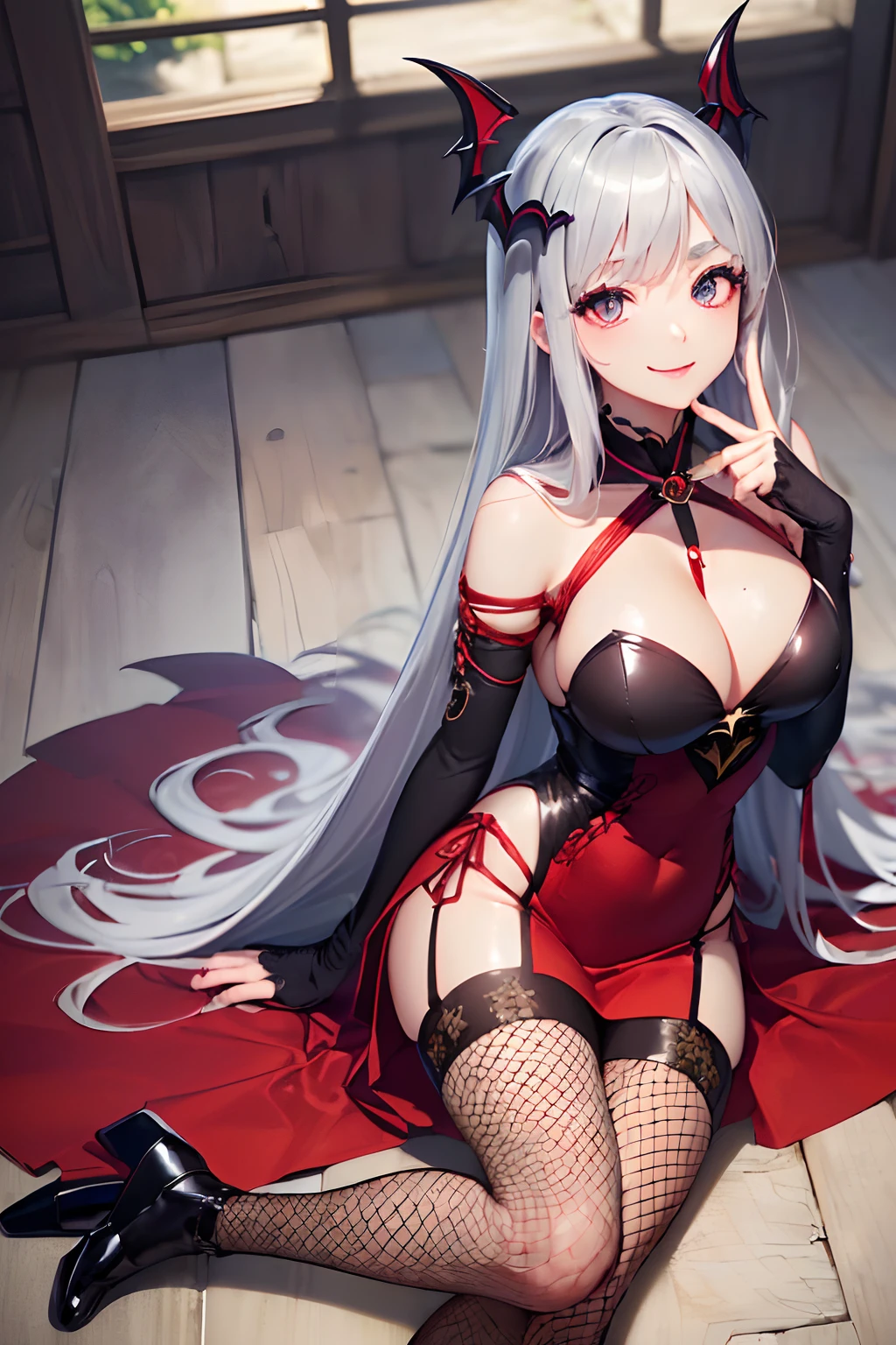 ((16ｋ,Raw photography,top-quality,hight resolution,Ray tracing,PBR Texture,Post-processing,)),(((Dark red long dress, Long skirt bondage,Cute Japan anime girl,overload,Shalltear Bradfallen,Vampire girl,Long straight silver hair,Big breasts that emphasize cleavage,bare hand,Thin leg,))),(finerly detailed face:1.4),(​masterpiece:1.5),(top-quality:1.6), Beautiful fine skin,(cute little:1.5),(Complex fishnet stockings,Absolute Area,bilaterally symmetrical,),Precisely shaped pin heel,Leather luster 3.0,Beautiful skin,((Red bodycon with beautiful embroidery),((tthin eyebrows,long eyelashes,smil,二重まぶた,Perfect move,Perfect finger shape,)),Inside the castle,No title required,Do not wear anything on your shoulders, From  above,Staring from the front,Create beautiful light effects on the background,Create cute star effects on backgrounds,