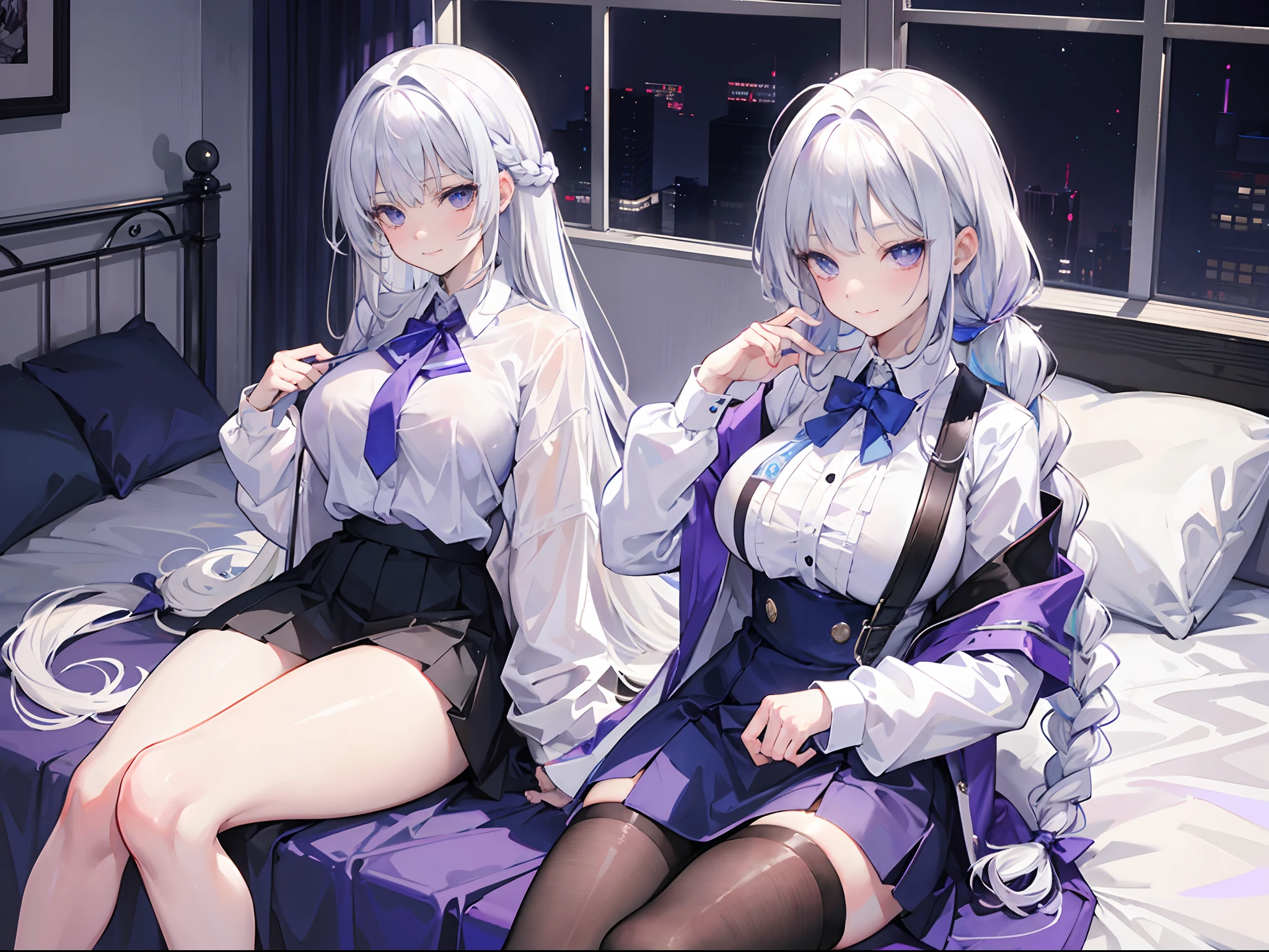 Official fine art，tmasterpiece，Sharp focus，（Beautiful gorgeous lovely Korean women：1.3），（beautiful lovely Korean people：1.3），South Korean beauties，Delicate and beautiful hair and eyes and face，realisticlying，ultra - detailed，a beauty girl，Glowing white particles,(side-lighting:1.2)Slender,Cute big breasts and big buttocks,Toothy laughter,((Laugh and open your eyes)),Long straight hair, sexy facial expression, Dynamic hair, Long straight hair, Delicate platinum-pink hair, glow blue eyes, (blue pleated shirt+white  skirt), Long white socks, paleskin, hair adornments,.get down on the bed，revealing breasts，The mouth is slightly open，Elevate your legs and feet