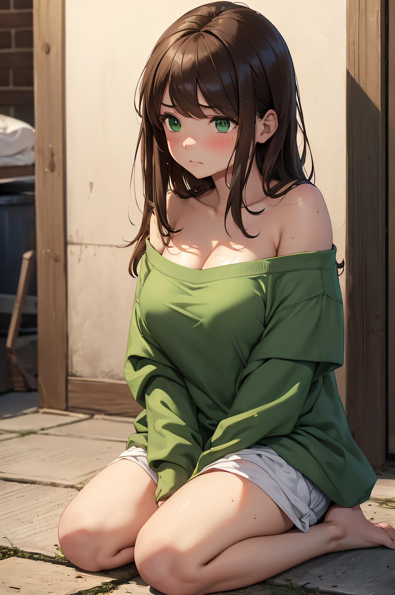 1 girl, ((Masterpiece)), ((Best quality)), hyperrealistic, Woman wearing only an oversized man's shirt, hands between pelvis, one shoulder uncovered, baggy clothes, wet, Looking worried, blushing face, sitting on the ground, long brown hair, green eyes, 25 years old, close up, full body.