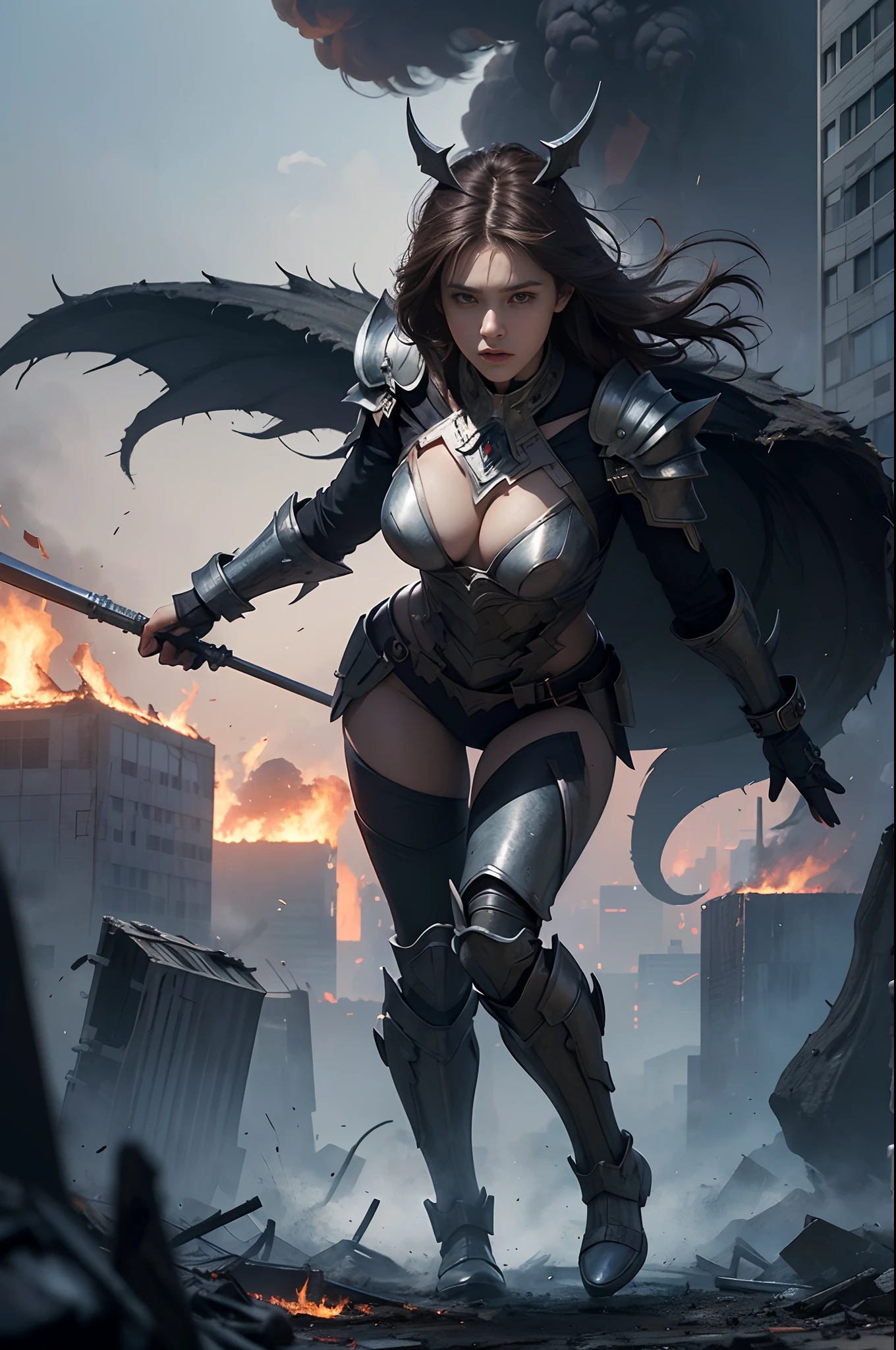 Realistic render of a glowing female hero in state-of-the-art armor, standing her ground against a horde of monsters fused with swirling black smoke. The city skyline is marked by crumbling skyscrapers, fires, and billowing smoke, with monsters being blown to pieces by her attacks.