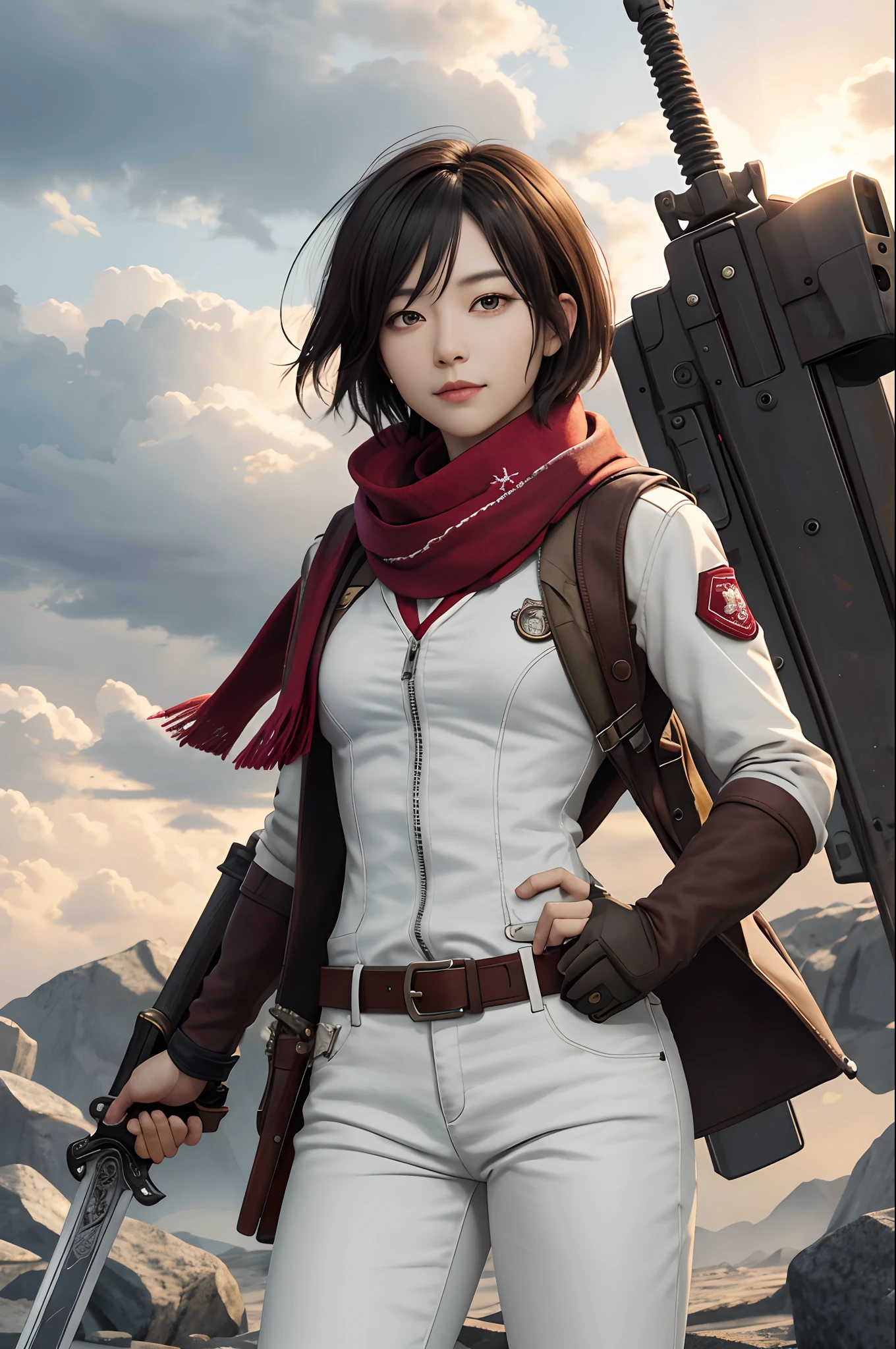 Masterpice, 4k quality, Mikasa, Masterpiece, Best quality, A high resolution, Short hair, Black eyes, Scarf, emblem, belt, thigh band, Red scarf, White pants, Brown jacket, Long sleeves, holding weapon, sword, dual wielding, Three-dimensional electric gear, Arms spread wide, standing on one leg, Wide shot, sky, Highest quality, high resolution.