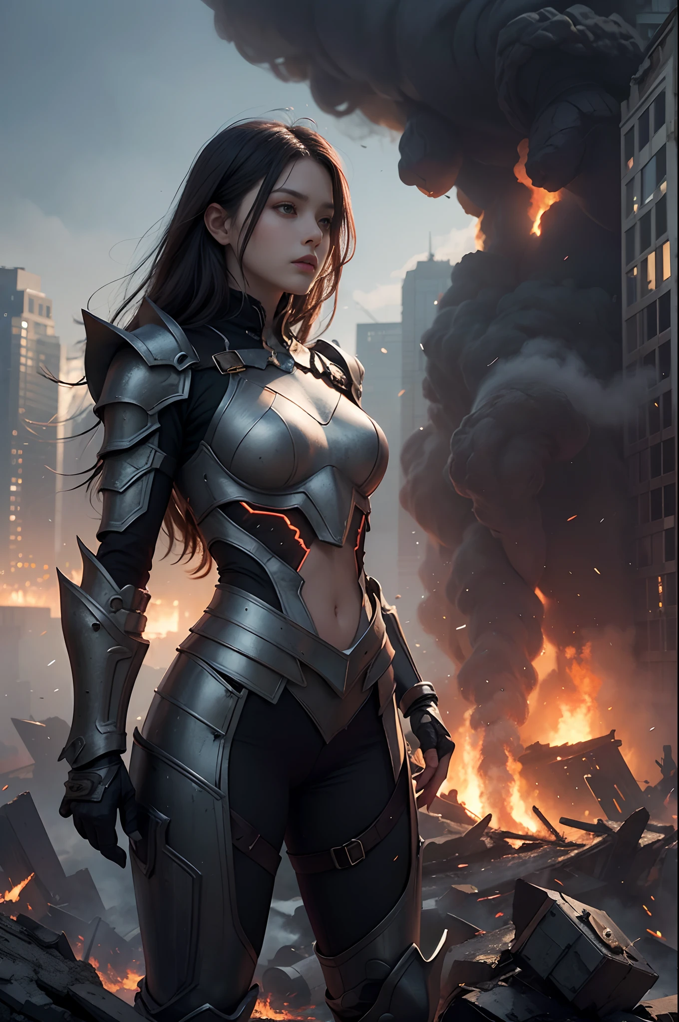 Realistic render of a glowing female hero in state-of-the-art armor, standing her ground against a horde of monsters fused with swirling black smoke. The city skyline is marked by crumbling skyscrapers, fires, and billowing smoke, with monsters being blown to pieces by her attacks.