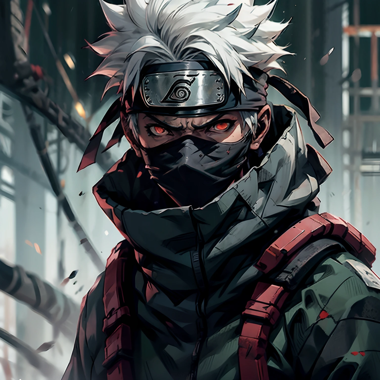 masterpiece, best quality, 1girl, (Kakashi), white hair, standing, ninja clothes, left red eye, detailed eyes, left sharingan eye, wearing black mask, aura power, night, natural light, standing in a dark place, angry eyes, male focus, movie composition, deth of field, bokeh, (futuristic), (full body), (masterpiece), best quality, expressive eyes, perfect face,