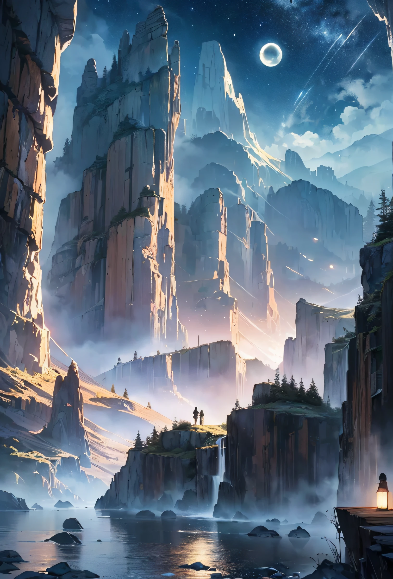 Very good 8KCG wallpapers, very fine 8K CG wallpaper, watercolor (medium), (((dark, Dark Night, Deep Night, the moon))) ((Sky color: dark blue)) (((Natural Background, rock formations, wood))), cliff, Mountain Summit ((plein air)) (((Character Deletion))) (((Excluding people)))