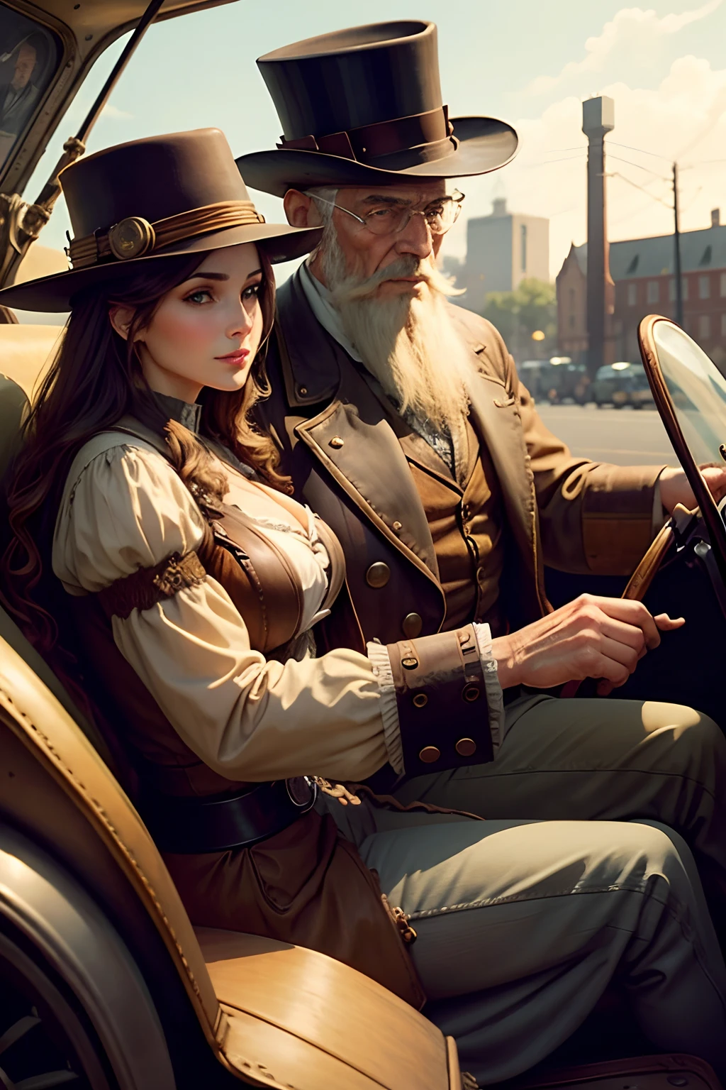 Steampunk Model T Ford  with an old man with a hat and beard driving and a pretty Woman sitting as a passenger