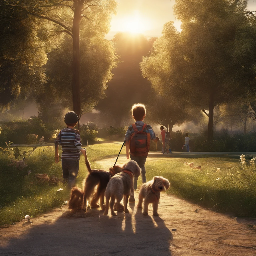 paisagem, por do sol, Children playing and dogs