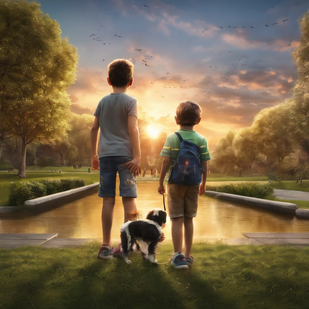 Paisagem, por do sol, Children playing and dogs in a park