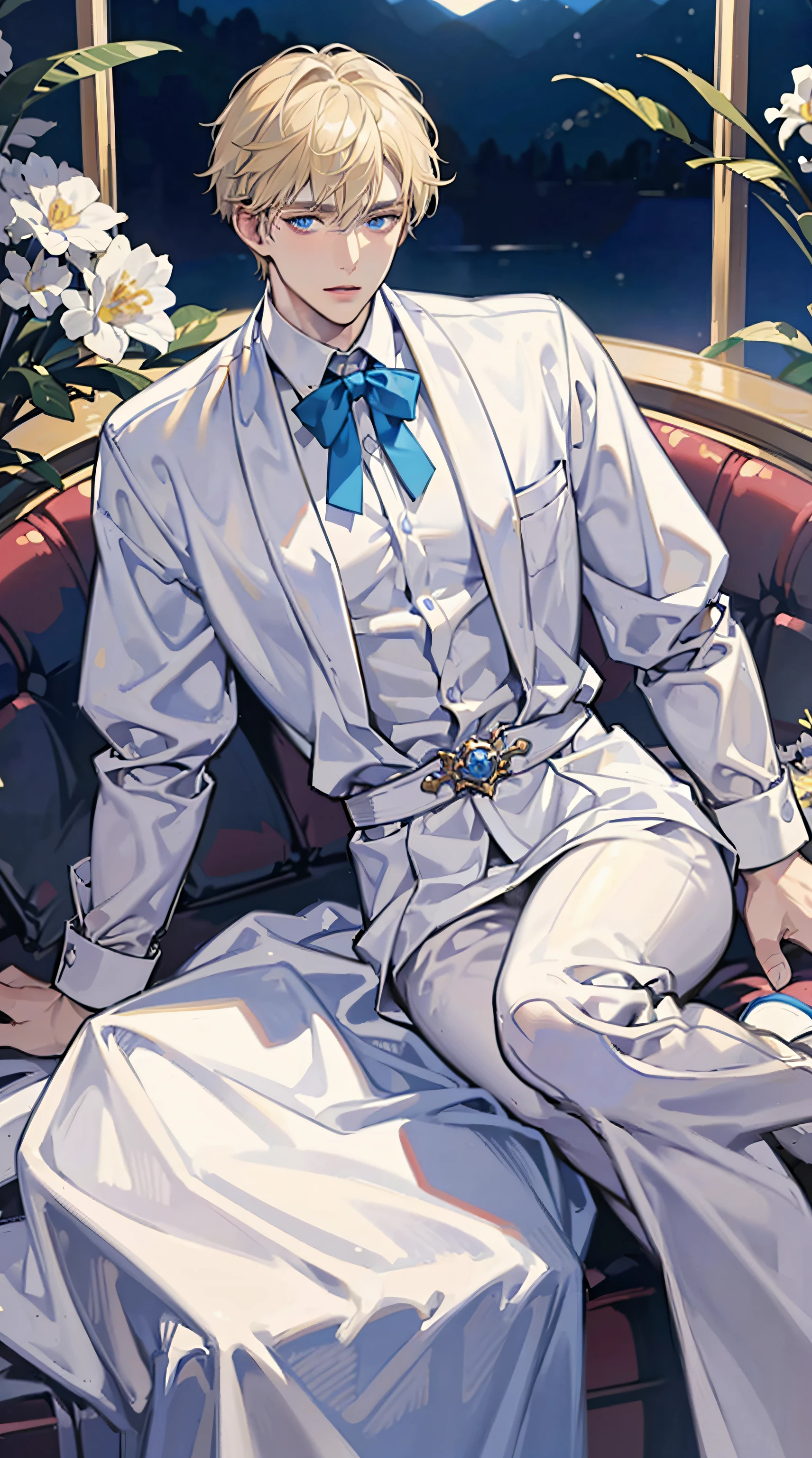 (Handsome man:1.4),wear white shirts,Short blonde hair,delicated face,White skin of the,Blue eyes,on a couch,Shirtless,Beautiful eyebrows,Tall and handsome man,8K High Resolution,Nobody threw away,Master Master Masterpiece - High Quality Images,delicated(full body Esbian:1.4)
