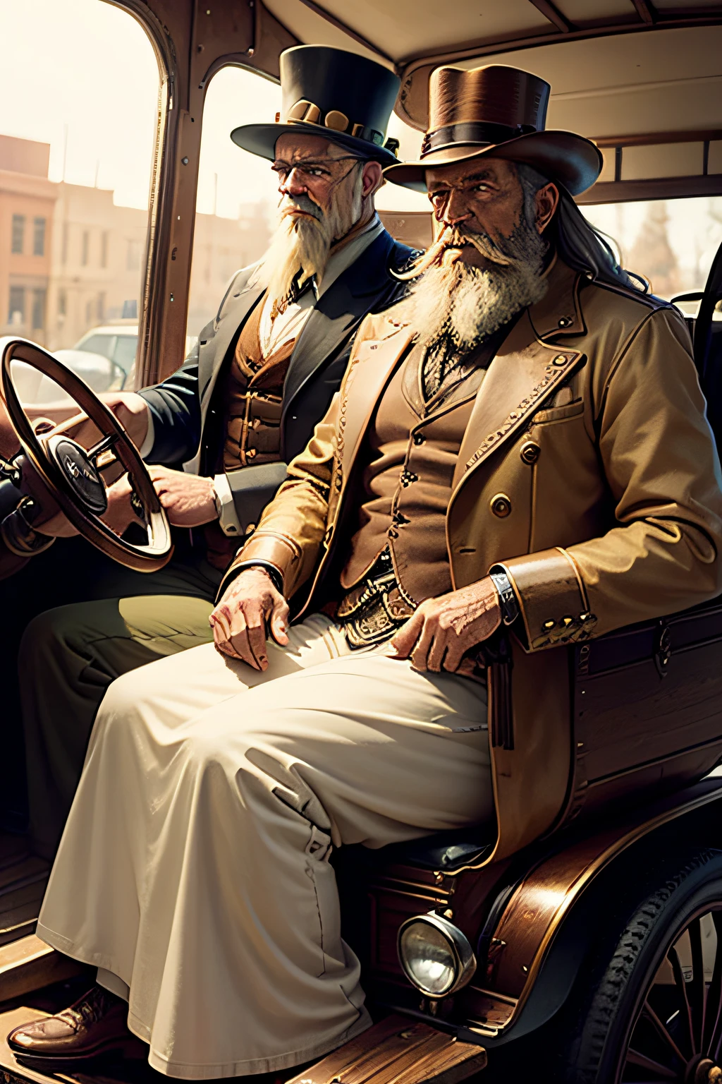 Steampunk Model T Ford  with an old man with a hat and beard driving and a pretty Woman sitting as a passenger