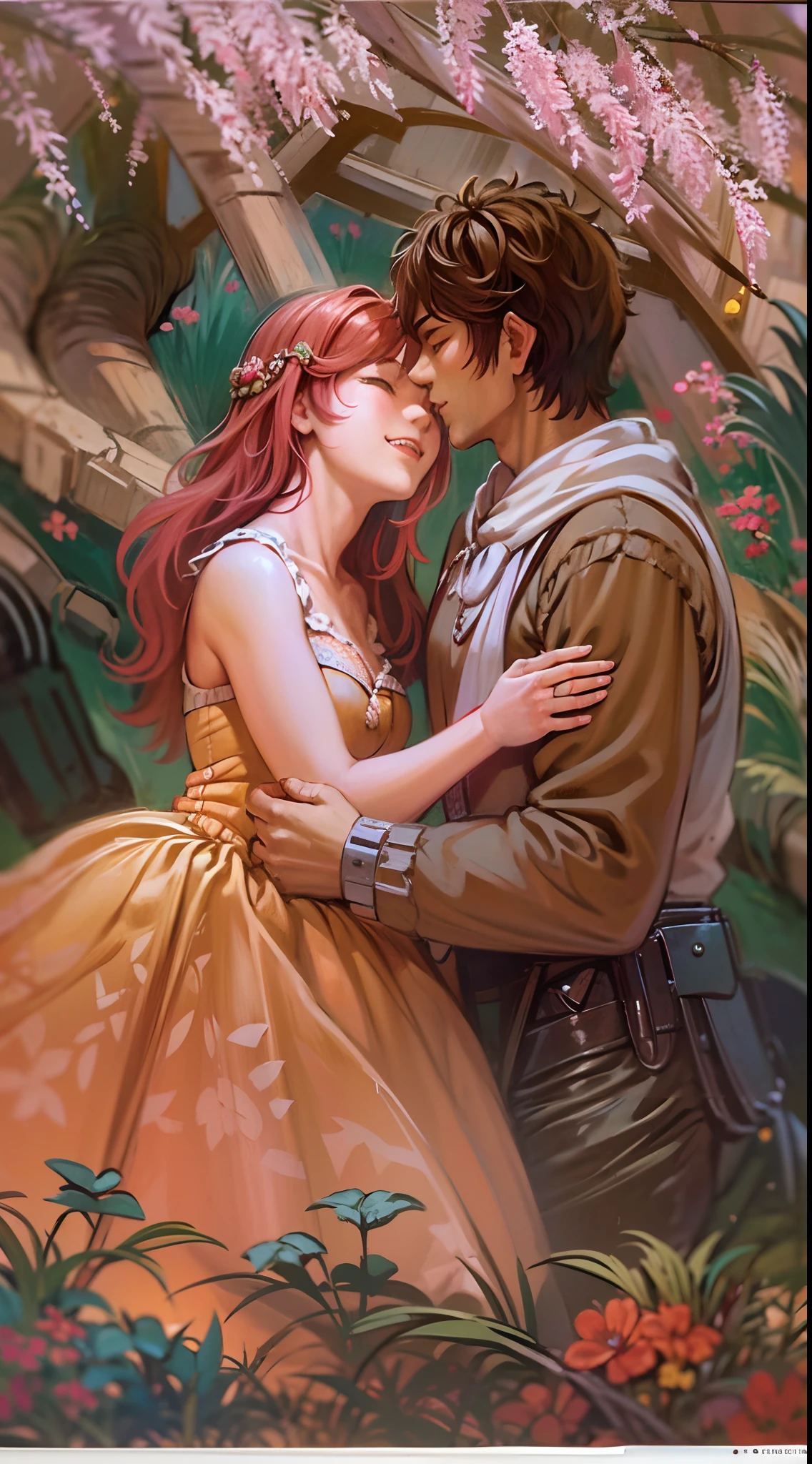 (ultra-detailed, highres, 1.37), (HDR, vivid colors), couple in love, riamu and guts, a beautiful sunny day in the park, husband and wife enjoying a romantic picnic under a shady tree. The couple's affectionate gestures and loving smiles create a heartwarming atmosphere. The sunlight softly illuminates their faces, highlighting their beautiful eyes and joyful expressions. The composition captures a tender moment as the husband leans in to plant a gentle kiss on his wife's cheek. The scene is filled with happiness and love, with colorful flowers in full bloom and a gentle breeze rustling the leaves. The vibrant colors and realistic details bring the image to life, creating a stunning masterpiece that perfectly captures the essence of a blissful couple's love and affection.,(best quality,4k,8k,highres,masterpiece:1.2),ultra-detailed,(realistic,photorealistic,photo-realistic:1.37),traditional oil painting,romantic evening scene,soft lighting,vivid colors,expressive brushstrokes,late summer sunset,whispering sweet nothings,gentle breeze,dreamlike atmosphere,glowing warmth,subtle smiles,loving gazes,delicate touch,fingers intertwined,heartfelt connection,embrace that speaks volumes,endless love,unbreakable bond,pure happiness,eternal love,deep affection,contentment in each other's arms,goosebumps of joy,cheeks filled with blush,a moment frozen in time,celebration of love's beauty, berserk, idolm@ster,standing, medieval clothing, long skirt, (best quality, masterpiece:1.2), ultra-detailed, (, 1.37), portraits, vivid colors, warm tones, sharpteeth open mouth, smile, soft lighting, Renaissance, Neoclassicism, interior architecture, rococo style, Art Deco, high detail, American propaganda poster, Baroque, Contemporary art, Constructivism, Dutch Golden Age painting, Northern Renaissance, Monet, Luminism, Ghibli-like colours, Classicism, Art Nouveau, anime style, Post-Impressionism, Pixar, Verism, pre-rephaëlite painting, Fujicolor, ray tracing, 4k, 8k, highres, best quality,