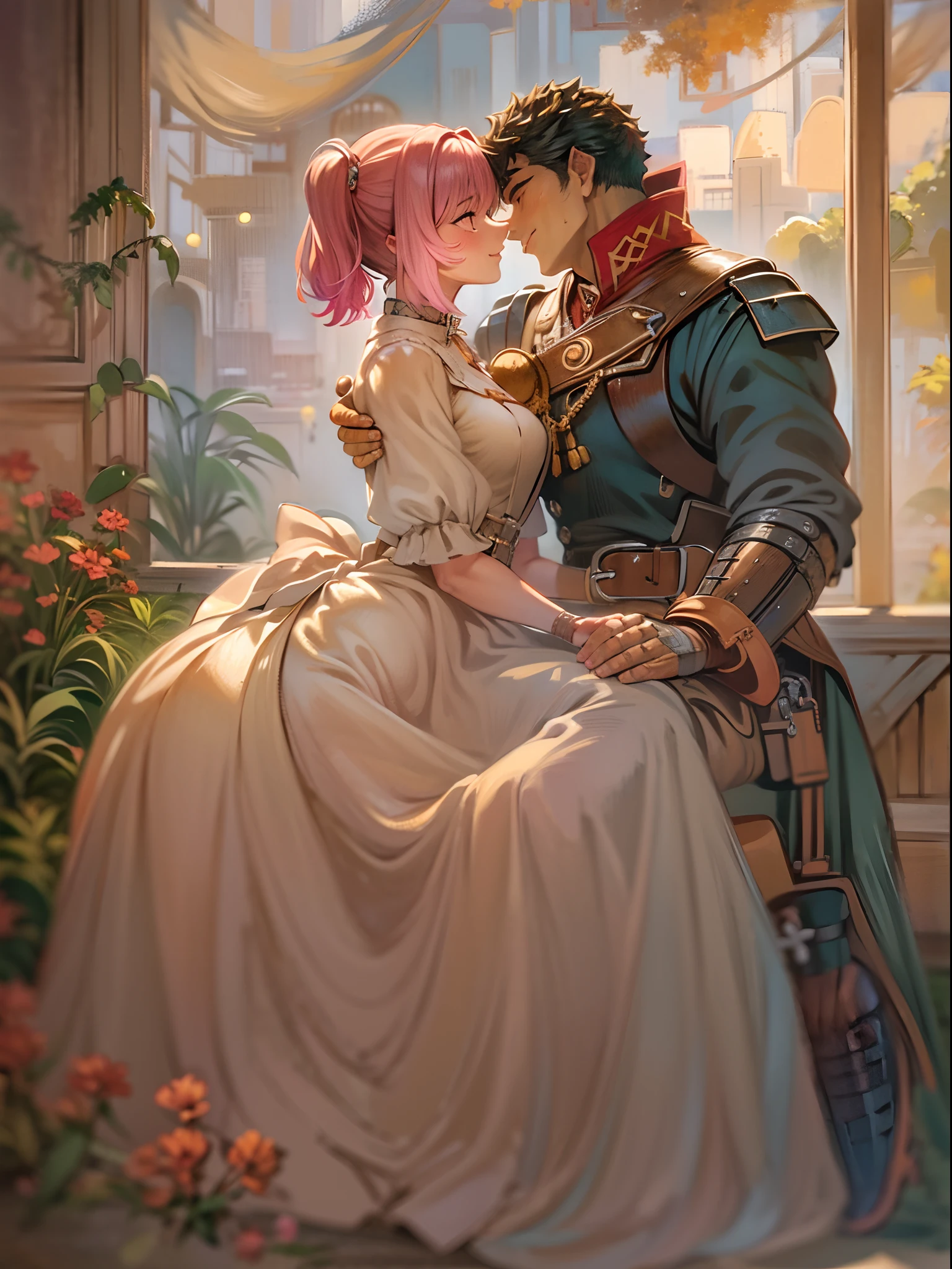 riamu,guts,couple,husband and wife,love dovey couple,sitting,hug,kiss,smile,(best quality,4k,8k,highres,masterpiece:1.2),ultra-detailed,(:1.37),traditional oil painting,romantic evening scene,soft lighting,vivid colors,expressive brushstrokes,late summer sunset,whispering sweet nothings,gentle breeze,dreamlike atmosphere,glowing warmth,subtle smiles,loving gazes,delicate touch,fingers intertwined,heartfelt connection,embrace that speaks volumes,endless love,unbreakable bond,pure happiness,eternal love,deep affection,contentment in each other's arms,goosebumps of joy,cheeks filled with blush,a moment frozen in time,celebration of love's beauty, berserk, idolm@ster,standing, medieval clothing, long skirt, (best quality, masterpiece:1.2), ultra-detailed, (, 1.37), portraits, vivid colors, warm tones, sharpteeth open mouth, smile, soft lighting, Renaissance, Neoclassicism, interior architecture, rococo style, Art Deco, high detail, American propaganda poster, Baroque, Contemporary art, Constructivism, Dutch Golden Age painting, Northern Renaissance, Monet, Luminism, Ghibli-like colours, Classicism, Art Nouveau, anime style, Post-Impressionism, Pixar, Verism, pre-rephaëlite painting, Fujicolor, ray tracing, 4k, 8k, highres, best quality, highres, 1080P, HD, 4K, 8k, award winning, high details, textured skin, ccurate, masterpiece, retina, UHD, anatomically correct, super detail, textured skin, 16k