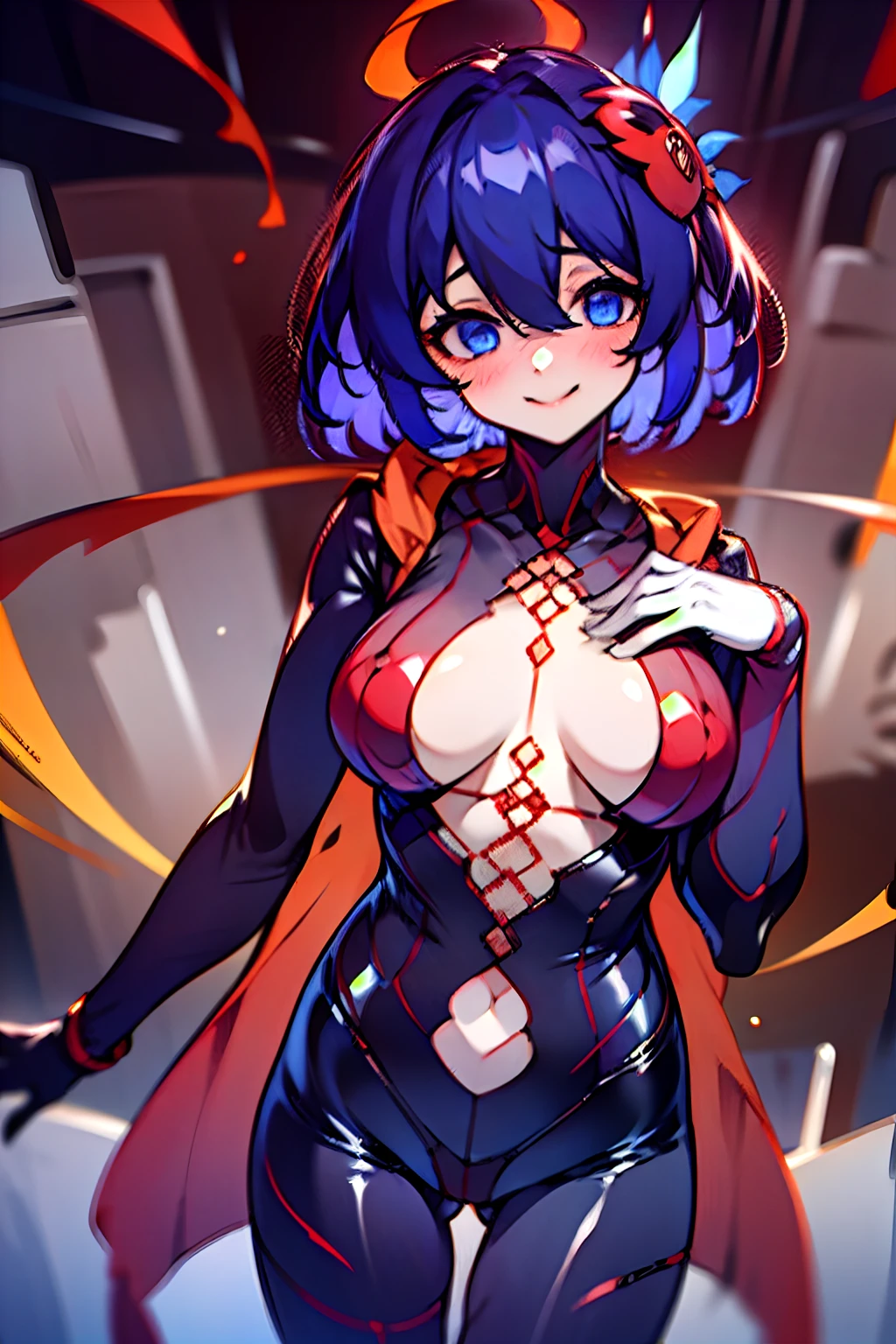 Fine details. anime big breast. Tentacles, some tentacles are touching her, gapmoe yandere grimdark, reisen udongein inaba, tensei shitara slime datta ken, kusanagi, spikes on the body,bubblegum body, r / art, r /art, r/art,Colored inner hair, Blue hair, Dark blue hair, bangs, hair between eye, Short hair,1girll, 独奏, standing on your feet, hair adornments, Blue eyes,, mechanicalparts, electrical wires, electric cables, Failure effect, terroral, sci-fy, A futuristic, background inside dark, neonlight, cyber punk perssonage, hyper realisitc, eerie, unnerving, spine-chilling, terroral, onesie,Blue eyes,Venom possession,Blackened,Long blue gloves,Jumpsuits,Skinny one-piece latex clothing,Highlight her gorgeous figure,Wrap the whole body,symbiote,((Raised sexy)),onesie,Blue eyes,Venom possession,Blackened,Long blue gloves,Jumpsuits,Black latex clothing,Blue eyes,Best quality, high resolution, Ultra-detailed, Vivid texture, Mask, Skinny one-piece latex clothing, bangs, Blue hair,Wear socks,Blackened,Wrapped in black slime,A sad expression,Say goodbye to the gaze,Red coat,long eyelasher, solid circle eyes, Light smile, Ear blush, Dark blue hair, hair between eye, Short hair,, Mad eyes,, Crazy smile, Sad smile, Evil smile, crazy, jitome, shaded, Yandere, chin grab, disdain, Evil, Crazy smile, Colored inner hair, Blue hair, Dark blue hair, surrealism, shadowing, anaglyph, stereograms, tachi-e, angle of view, Atmospheric perspective, Chiaroscuro, Cinematic lighting, 8K, Super detail, ccurate, Best quality, hyper HD, retinas, Masterpiece, Textured skin, Award-Awarded, A high resolution, Best quality, Super detail, best qualtiy, 8K, digitial painting,Red coat,Anime girl in red cape