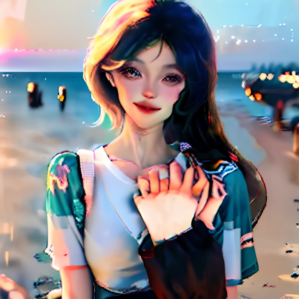 (8k, RAW Photo, Best Quality, Masterpiece:1.3),(Real,Photo:1.37),(Looking at Viewers:1.331),(Black Hair),Pose,Beachfront,Morning View,Sunrise,Clear Sky,1Girl,Very Beautiful Face,Small,Put Your Hands Down,Pony Hairstyle,Weight Hair,Fluffy Hair,Shoulder Length,Straight Hair,Random Expression,Smile at the Corner of Mouth,Big Eyes,(T-shirt,Round Collar,Short Sleeves,Opaque Color,Shirt Color),(Wearing Pants),mix4,No Hair Accessories,Best Quality Hair
