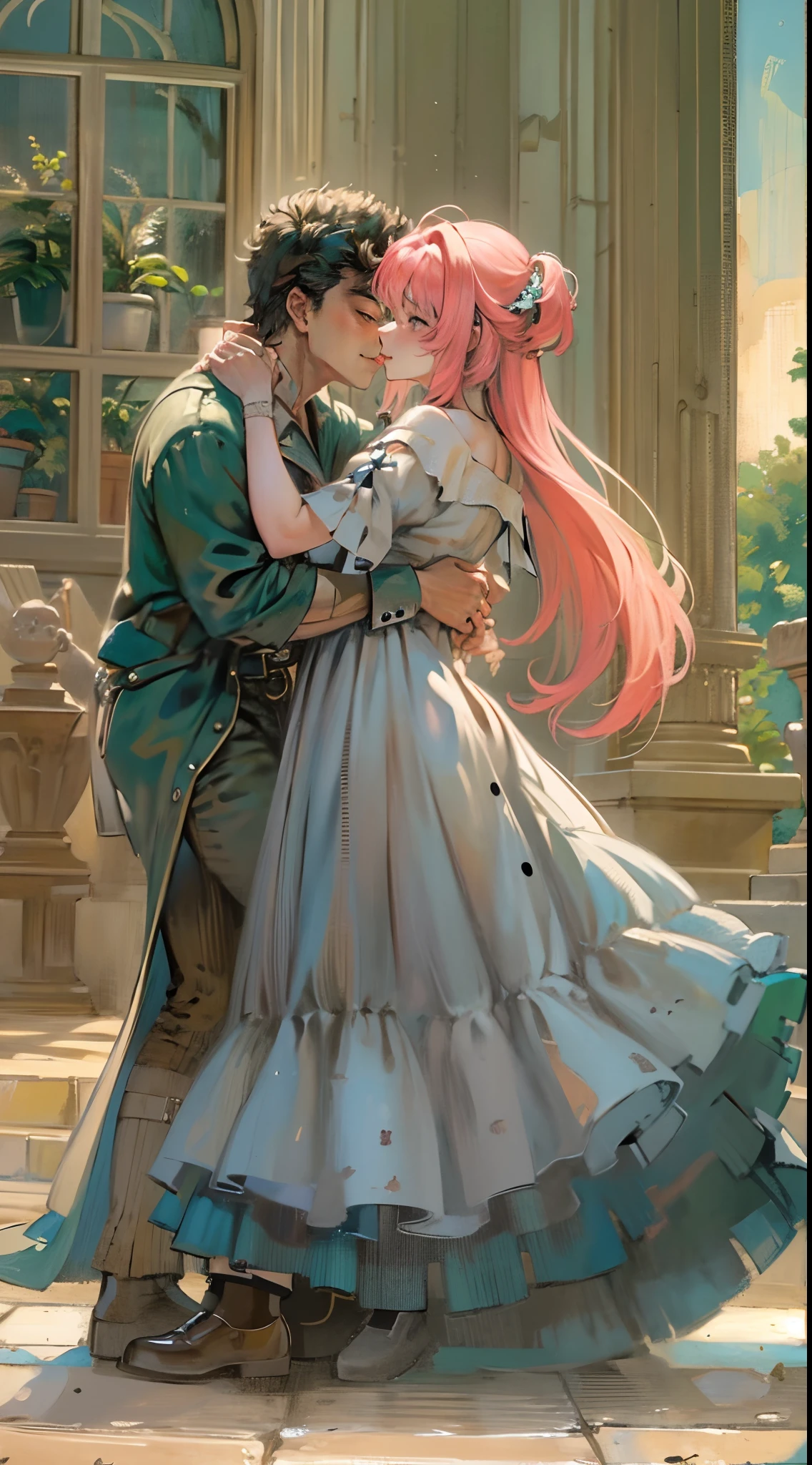 riamu,guts,couple,husband and wife,love dovey couple,sitting,hug,kiss,smile,(best quality,4k,8k,highres,masterpiece:1.2),ultra-detailed,(:1.37),traditional oil painting,romantic evening scene,soft lighting,vivid colors,expressive brushstrokes,late summer sunset,whispering sweet nothings,gentle breeze,dreamlike atmosphere,glowing warmth,subtle smiles,loving gazes,delicate touch,fingers intertwined,heartfelt connection,embrace that speaks volumes,endless love,unbreakable bond,pure happiness,eternal love,deep affection,contentment in each other's arms,goosebumps of joy,cheeks filled with blush,a moment frozen in time,celebration of love's beauty, berserk, idolm@ster,standing, medieval clothing, long skirt, (best quality, masterpiece:1.2), ultra-detailed, (, 1.37), portraits, vivid colors, warm tones, sharpteeth open mouth, smile, soft lighting, Renaissance, Neoclassicism, interior architecture, rococo style, Art Deco, high detail, American propaganda poster, Baroque, Contemporary art, Constructivism, Dutch Golden Age painting, Northern Renaissance, Monet, Luminism, Ghibli-like colours, Classicism, Art Nouveau, anime style, Post-Impressionism, Pixar, Verism, pre-rephaëlite painting, Fujicolor, ray tracing, 4k, 8k, highres, best quality, highres, 1080P, HD, 4K, 8k, award winning, high details, textured skin, ccurate, masterpiece, retina, UHD, anatomically correct, super detail, textured skin, 16k