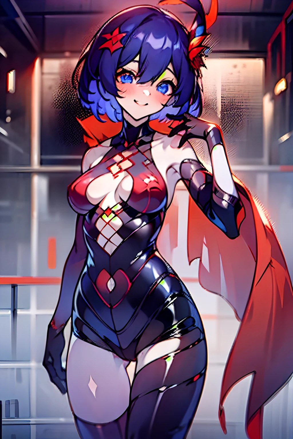 1girll, 独奏, standing on your feet, hair adornments, Blue eyes,, mechanicalparts, electrical wires, electric cables, Failure effect, terroral, sci-fy, A futuristic, background inside dark, neonlight, cyber punk perssonage, hyper realisitc, eerie, unnerving, spine-chilling, terroral, onesie,Blue eyes,Venom possession,Blackened,Long blue gloves,Jumpsuits,Skinny one-piece latex clothing,Highlight her gorgeous figure,Wrap the whole body,symbiote,((Raised sexy)),onesie,Blue eyes,Venom possession,Blackened,Long blue gloves,Jumpsuits,Black latex clothing,Blue eyes,Best quality, high resolution, Ultra-detailed, Vivid texture, Mask, Skinny one-piece latex clothing, bangs, Blue hair,Wear socks,Blackened,Wrapped in black slime,A sad expression,Say goodbye to the gaze,Red coat,long eyelasher, solid circle eyes, Light smile, Ear blush, Dark blue hair, hair between eye, Short hair,, Mad eyes,, Crazy smile, Sad smile, Evil smile, crazy, jitome, shaded, Yandere, chin grab, disdain, Evil, Crazy smile, Colored inner hair, Blue hair, Dark blue hair, surrealism, shadowing, anaglyph, stereograms, tachi-e, angle of view, Atmospheric perspective, Chiaroscuro, Cinematic lighting, 8K, Super detail, ccurate, Best quality, hyper HD, retinas, Masterpiece, Textured skin, Award-Awarded, A high resolution, Best quality, Super detail, best qualtiy, 8K, digitial painting,Red coat,Anime girl in red cape