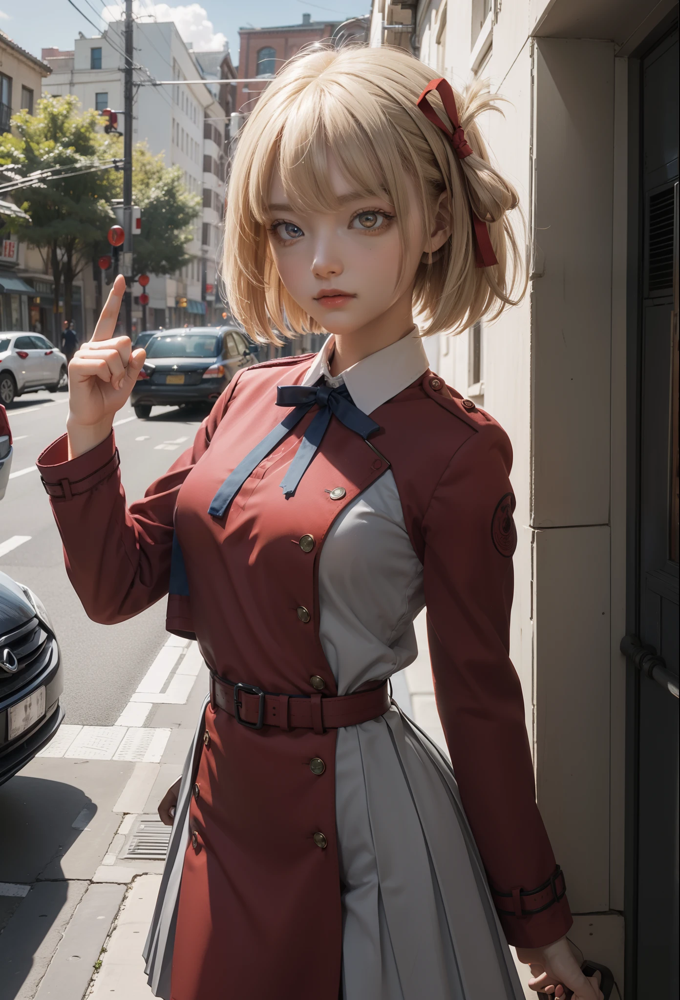 chisatonishikigi, nishikigi chisato, short hair, bangs, blonde hair, (red eyes:1.5), hair ribbon, one side up, bob cut,
BREAK shirt, long sleeves, dress, ribbon, white shirt, collared shirt, belt, neck ribbon, red dress, blue ribbon, pleated dress, grey dress, two-tone dress, red belt, lycoris uniform,,
BREAK outdoors, city,
BREAK looking at viewer, BREAK (masterpiece:1.2), best quality, high resolution, unity 8k wallpaper, (illustration:0.8), (beautiful detailed eyes:1.6), extremely detailed face, perfect lighting, extremely detailed CG, (perfect hands, perfect ???????),